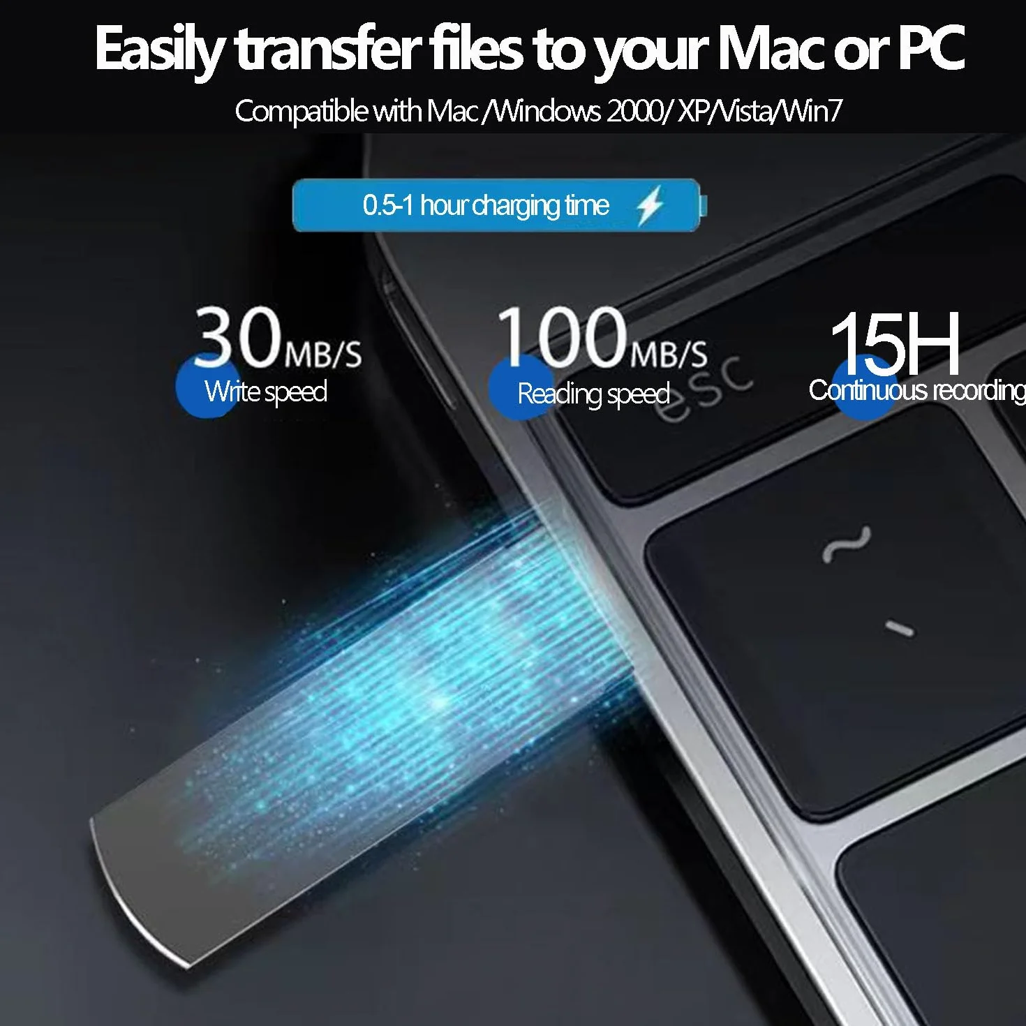 Grabadora de Voz Digital USB 64GB, Grabador de Audio Portátil Recargable para Reuniones