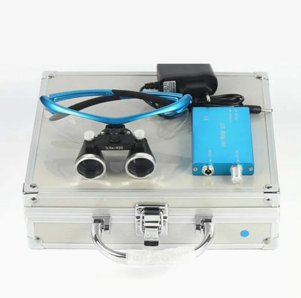 Lupa, lupas dentales 3.5X, Gafas quirúrgicas para médico con luz LED, Gafas binoculares con Lupa para Dentista con práctico Estuche de Transporte, Color Azul.