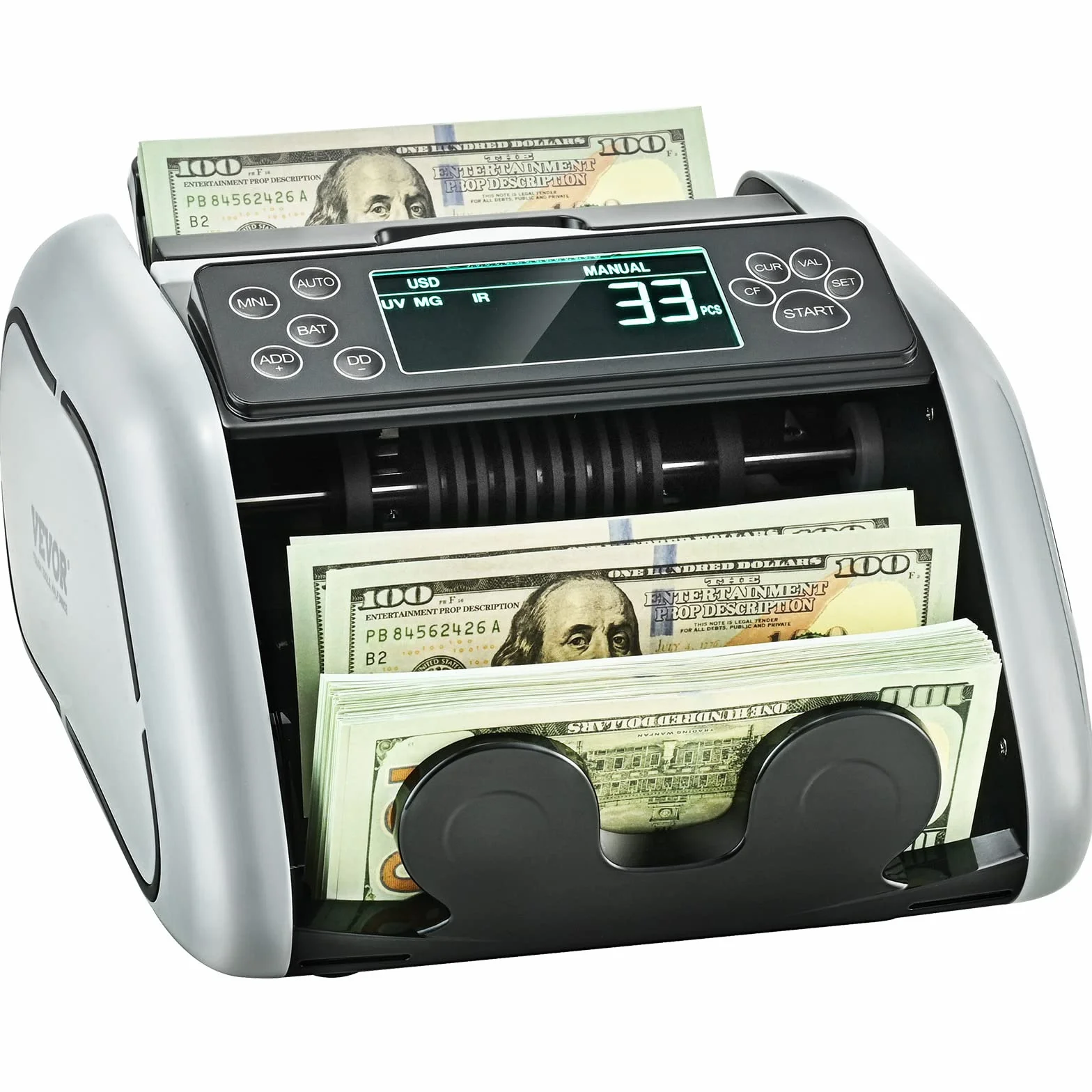 VEVOR Contador de Dinero Contador de Billetes con Detección de Falsificaciones UV, MG, IR y DD, Máquina Contadora de Efectivo en USD y EUR con LCD Grande y Pantalla Externa para Pequeñas Empresas