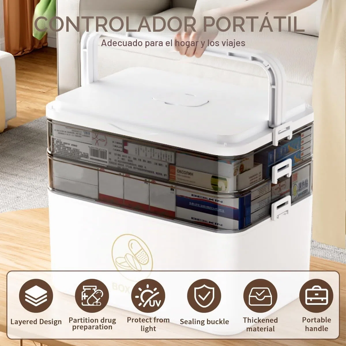 3 estantes para almacenar medicamento | 30 x 24 x 16 cm Caja de almacenamiento Asa portátil, transportable con cierre seguro Organizador multifuncional