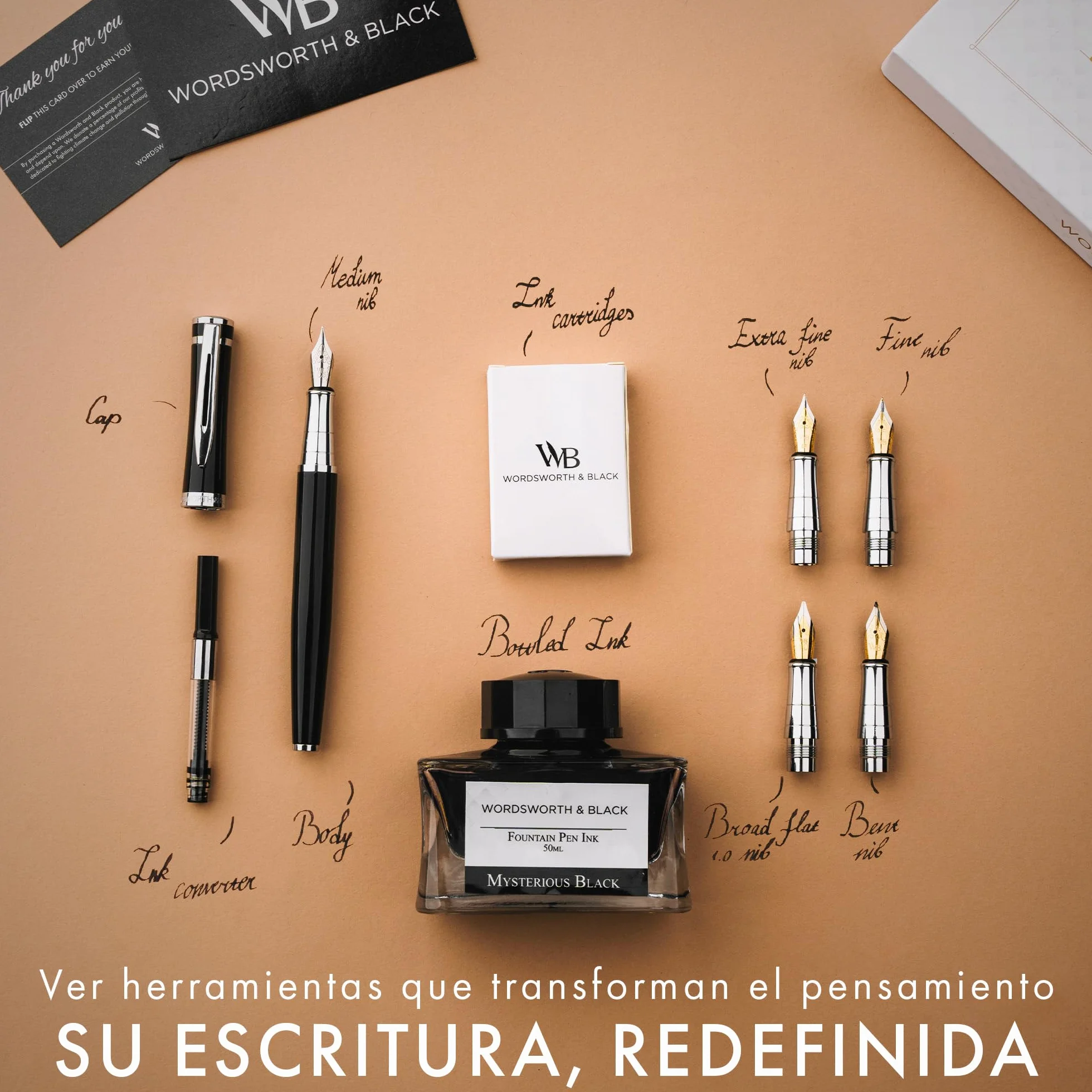 Wordsworth & Black Juego de regalo de pluma estilográfica, incluye botella de tinta y 6 cartuchos, 1 convertidor, 4 puntas de repuesto, paquete premium, diario, caligrafía