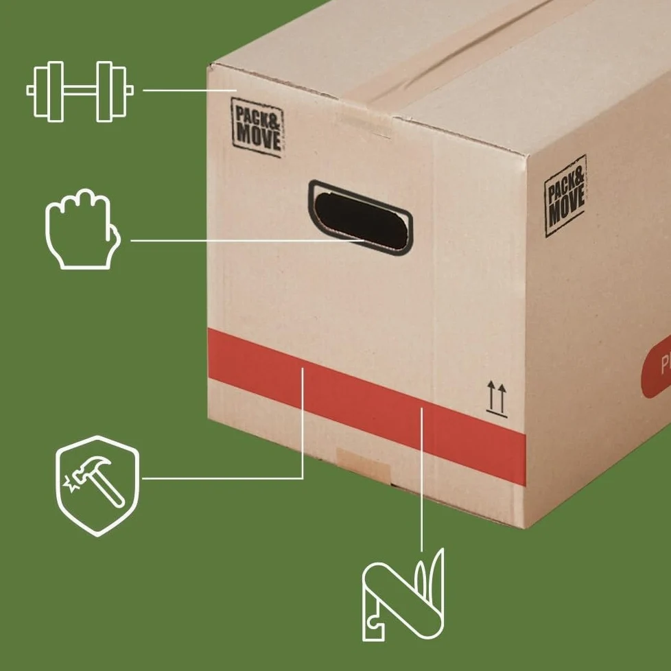 Pack and Move – Lote de 60 cajas para mover libros premium – 40 x 30 x 30 cm – Extrema resistencia 30 kg – Asas reforzadas – 3 adhesivos