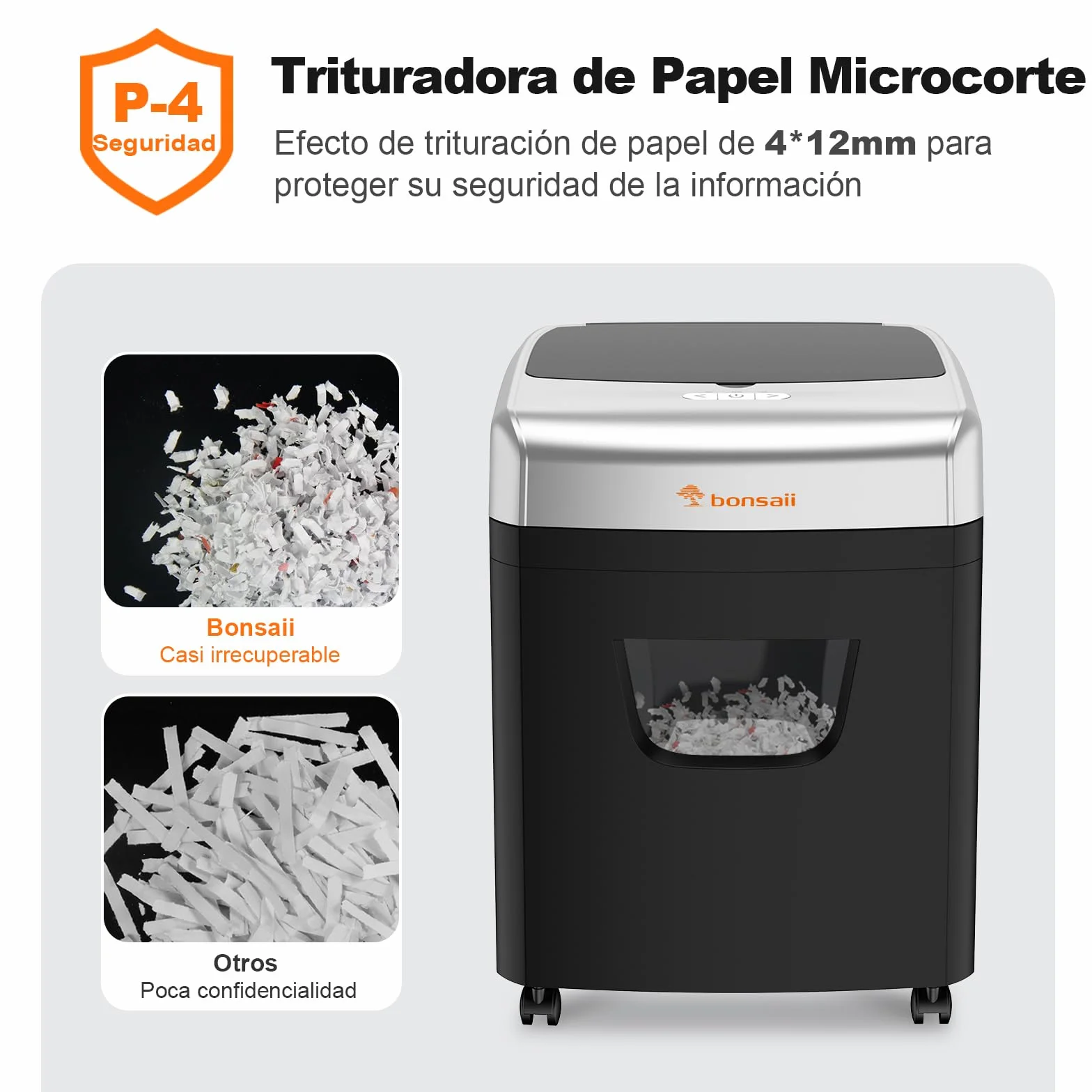 Bonsaii Trituradora de Documentos 120 Hojas con Alimentación Automática, Corte en Microcorte P-4, Equipada con un Contenedor de 23 litros y 4 Ruedas (C233-B)