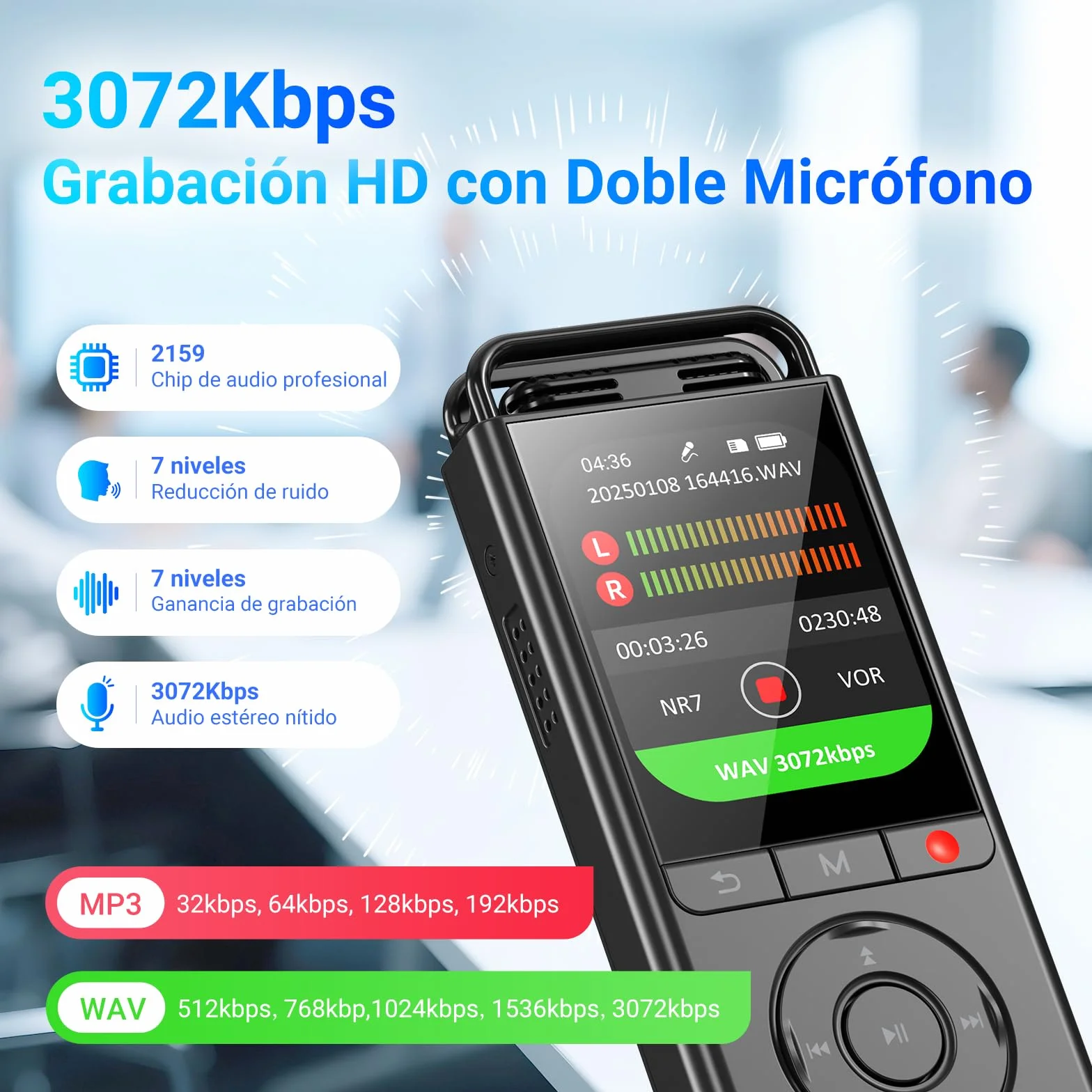 Grabadora de Voz Digital MECHEN 144 GB, Activada por Voz, 10000 h Grabación, Audio HD 3072 Kbps, Reducción de Ruido