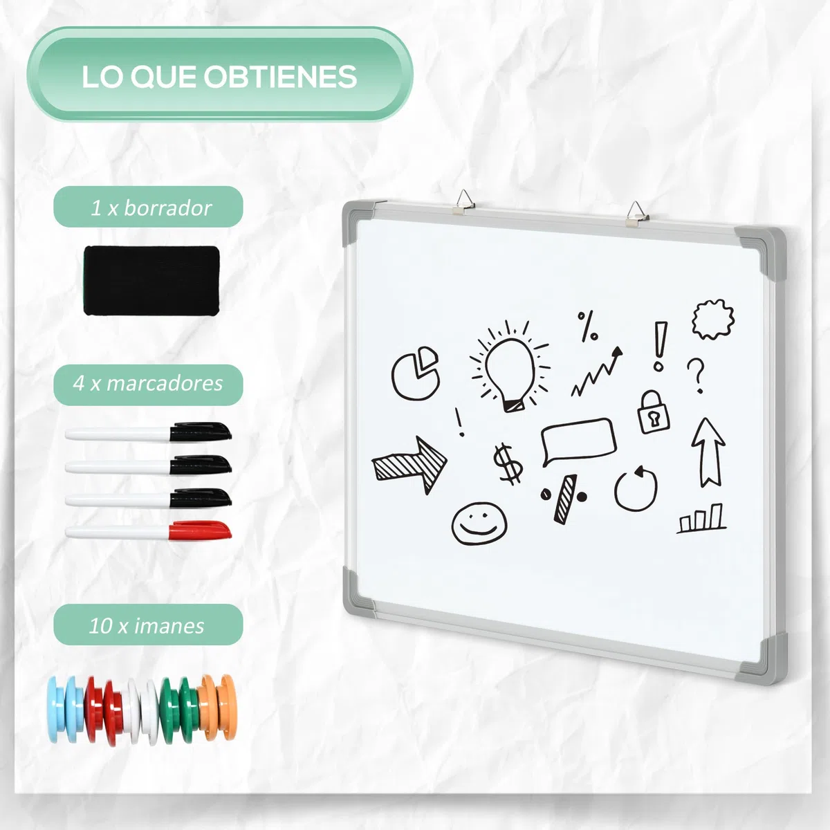 HOMCOM Pizarra Blanca Magnética con Bastidor de Aleación de Aluminio 60x45 cm Pizarra de Borrado en Seco con Borrador 4 Rotuladores y 10 Imanes para Oficina Hogar