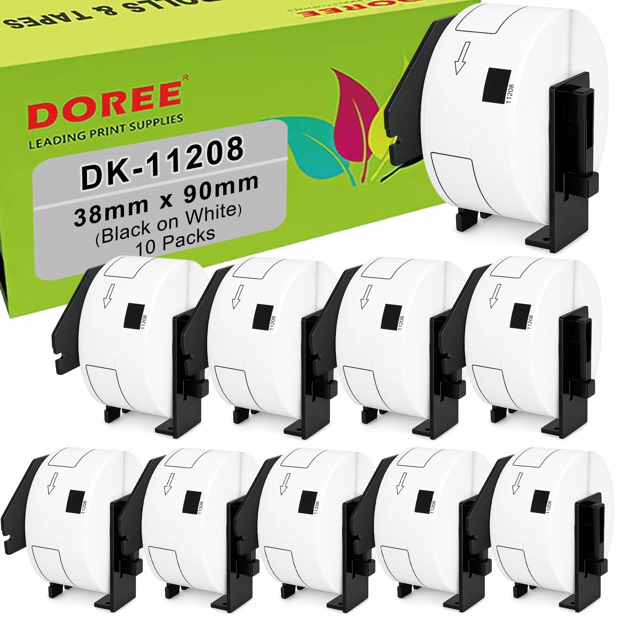 DOREE 10 Rotoli Compatibili con Brother DK-11208 Etichette per indirizzi, 38 x 90mm,Negro sobre blanco, 400 Etichette/Rotolo Per stampanti Brother QL-500,QL-570,QL-700,QL-800,QL-1050,QL-1100