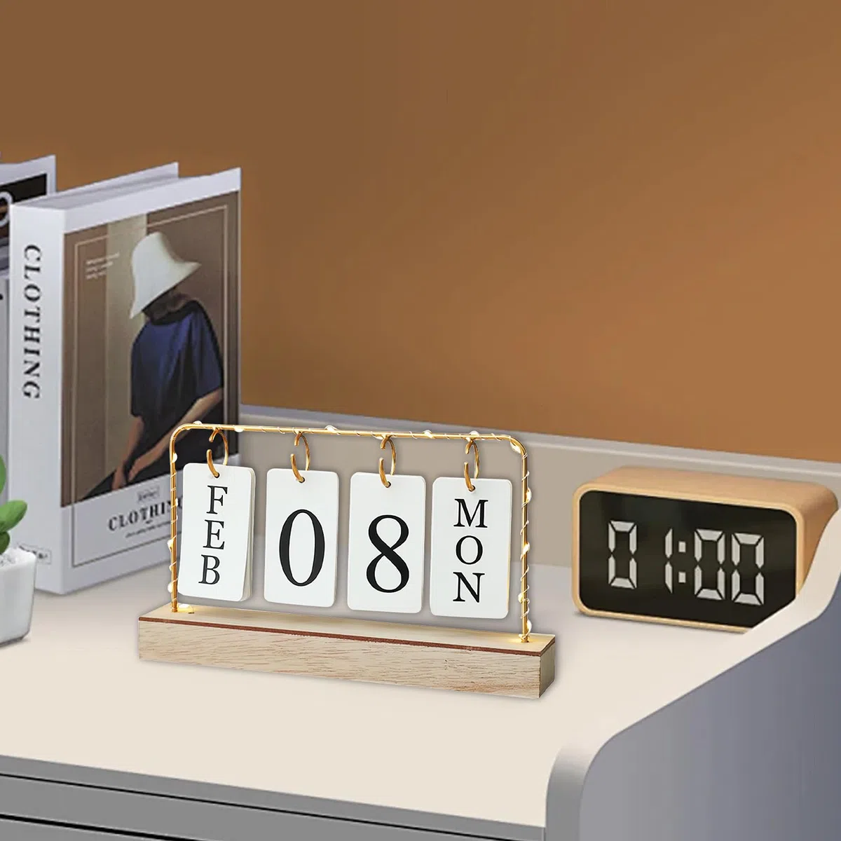 AUSTUFF Calendario perpetuo de madera abatible 2023, calendario de escritorio de metal para decoración diaria de oficina, hogar, planificador mensual semanal de año, calendario de decoración de