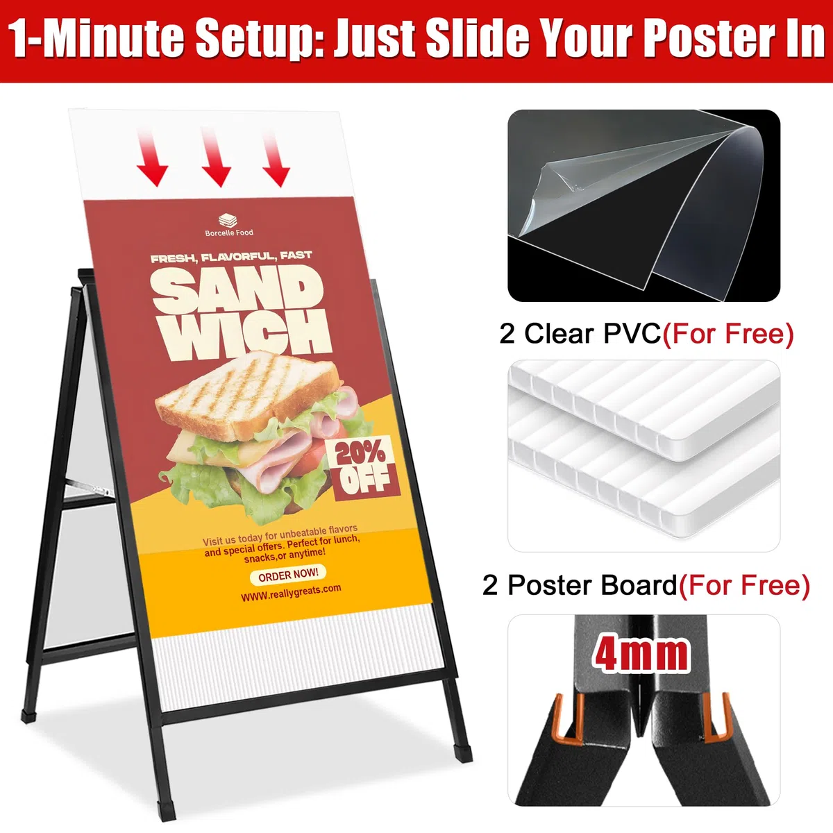 WIIGO - Carteles A1 A para pavimento con marco, doble cara, soporte de exhibición de carteles con 2 cubiertas antirreflejos y tableros corrugados para negocios, restaurantes, publicidad