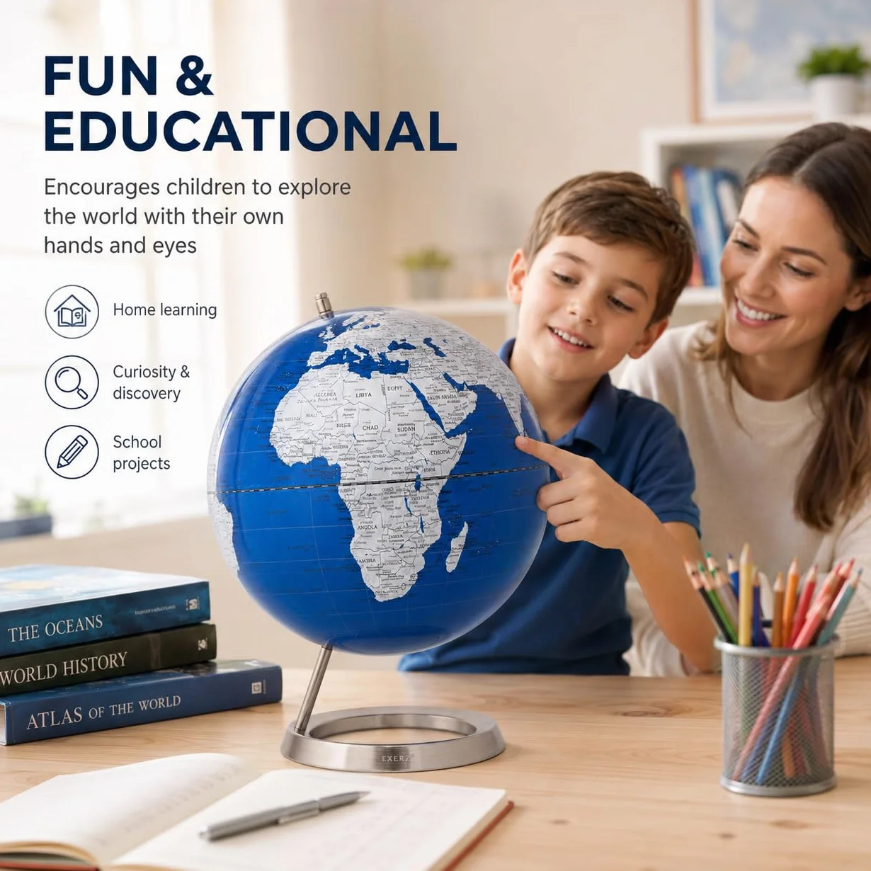 EXERZ 30CM Globo En Azul Plateado con una base de acero inoxidable - en Inglés - Empaquetado En Caja Kraft De Primera Calidad, Ideal como Regalo - Azúl metálico