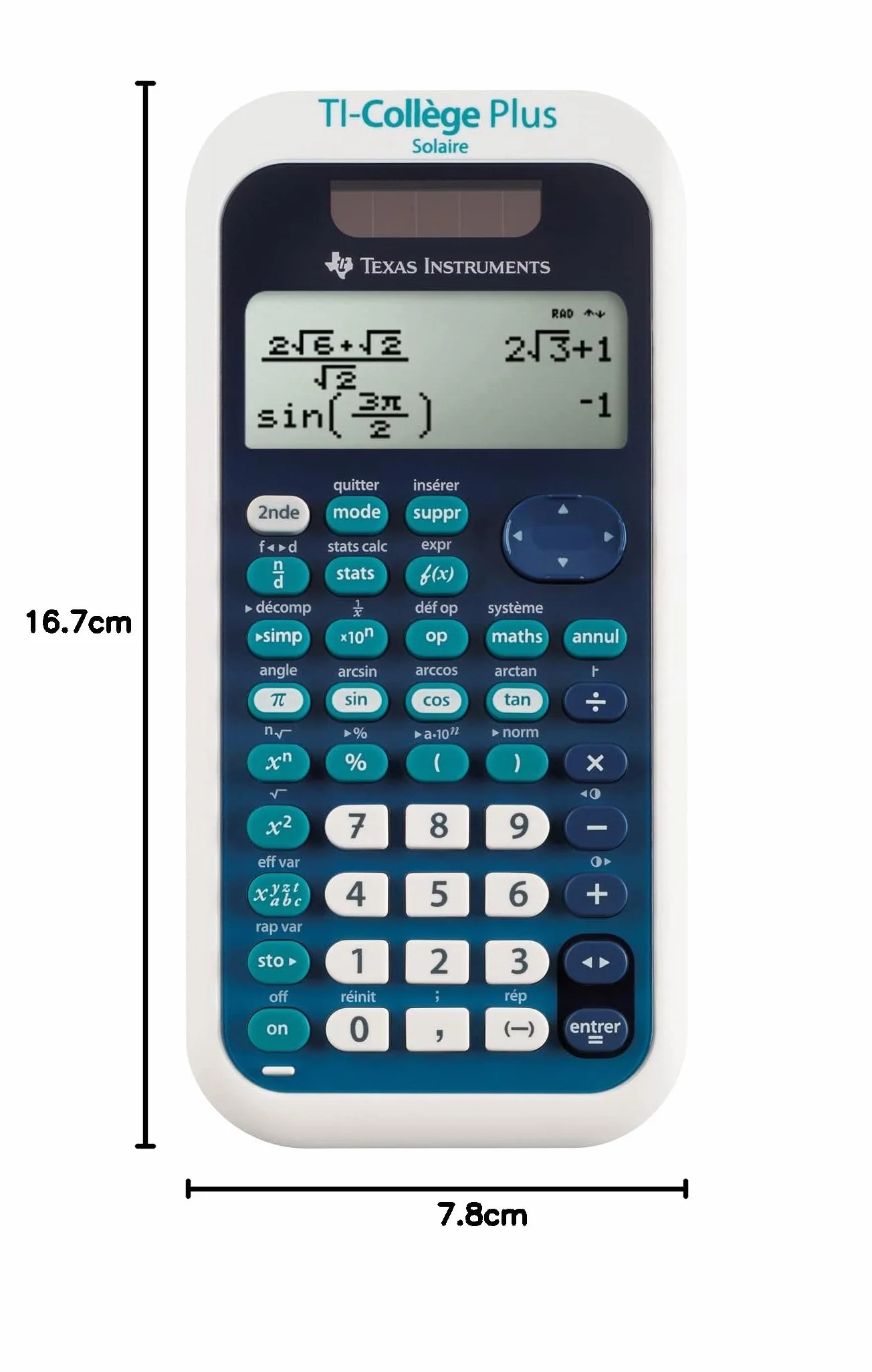 Texas Instruments TI College Plus - Calculadora científica (Panel Solar y batería), Color Azul y Blanco