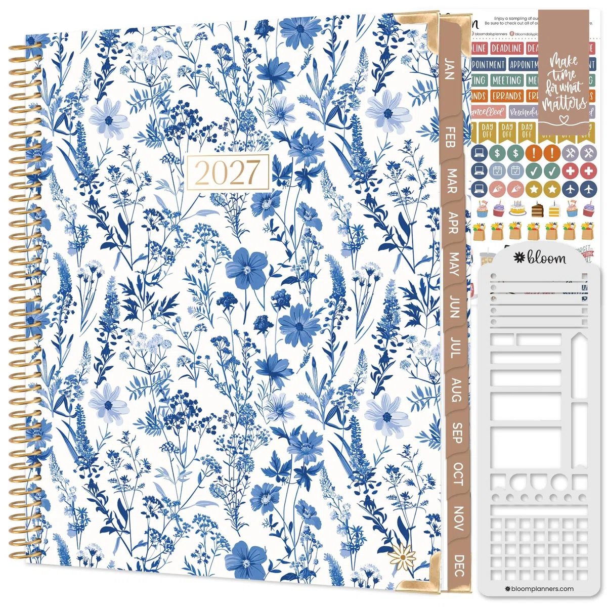 bloom daily planners Agenda de tapa dura 2027 (8.5 x 11 pulgadas) de enero a diciembre de 2027, calendario anual, agenda de tareas para mujeres, agenda inspiradora mensual y semanal, floral azul y