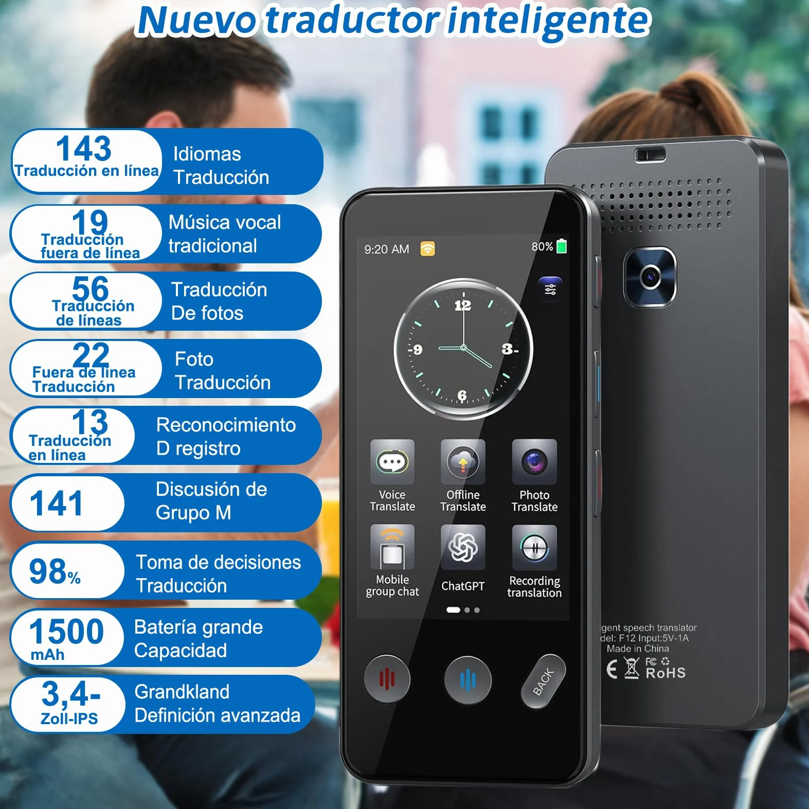 Dispositivo de Traducción Idioma, Traductor AI Inteligente de 143 Idiomas con,Traducción Desconectado y Traducción Bidireccional Instantánea,Aprender Regalos de Negocios de Viaje