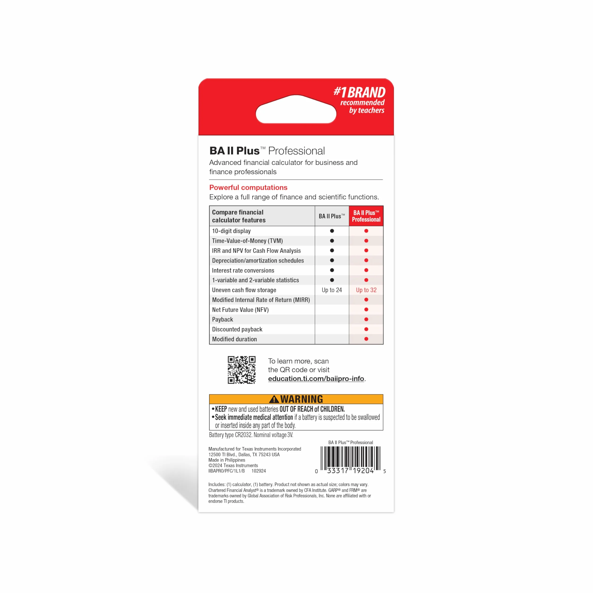 Texas Instruments TI BA II Plus Professional - Calculadora (batería, CR2032, Litio) , Gris [Importado]