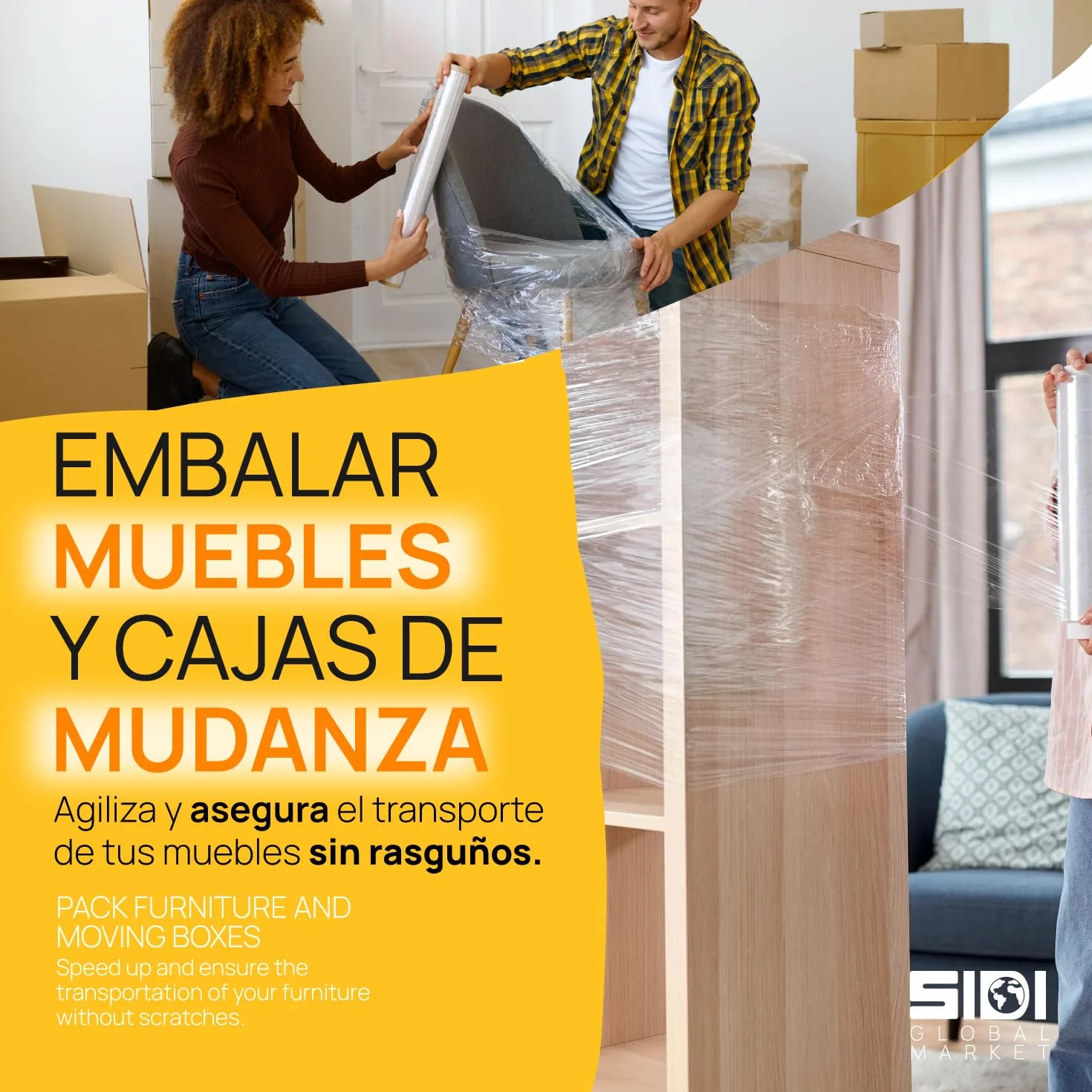 Film Blanco para Embalar, Film, Papel Film, Rollo de Plastico Protector Muebles, Cajas Mudanza, Plastico Cubretodo 50cm x 300m estirables - SIDI (6 unds, Blanco)