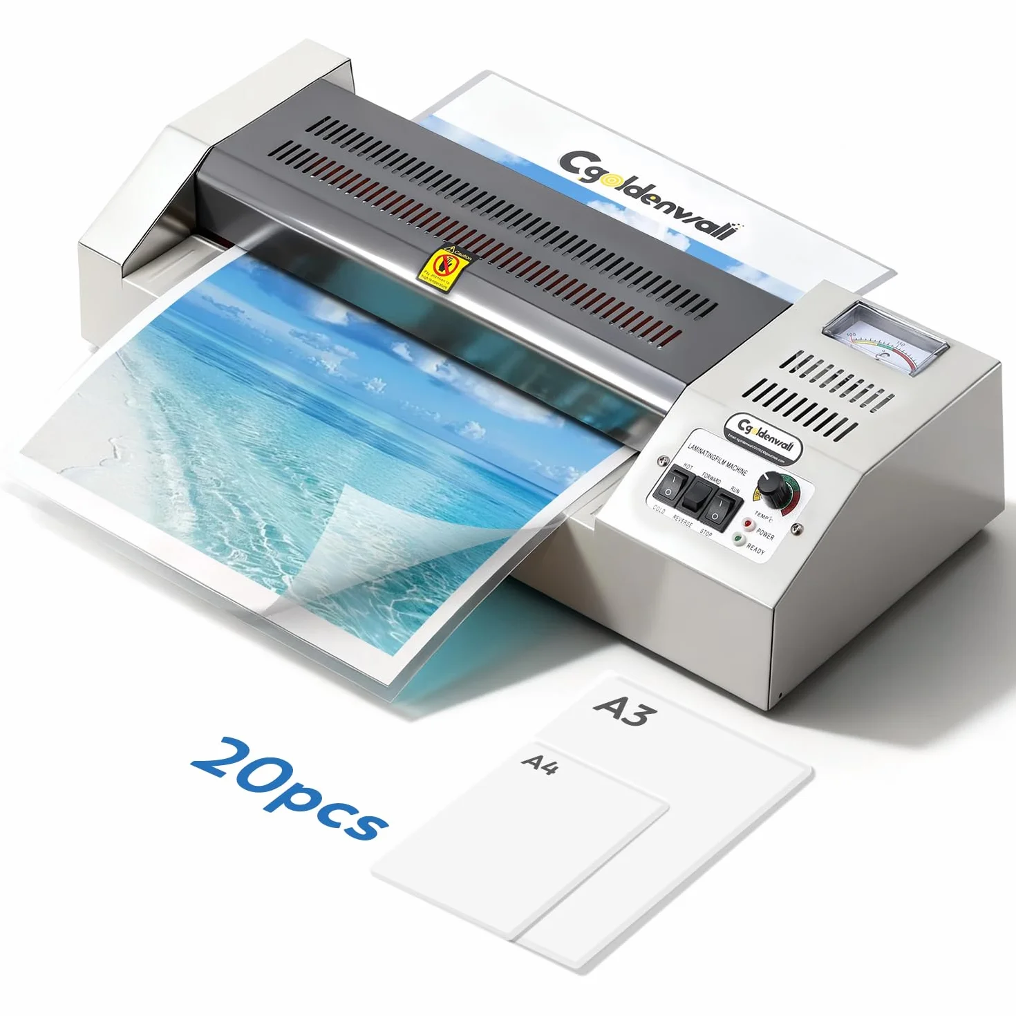 CGOLDENWALL A3 Plastificadora 68-250 Micras, Máquina Laminadora de 4 Rodillos para Laminación Térmica/en Frío, Calentamiento Rápido, Antiatascos, con Kit de Inicio (3 Tipos de Fundas Incluido)