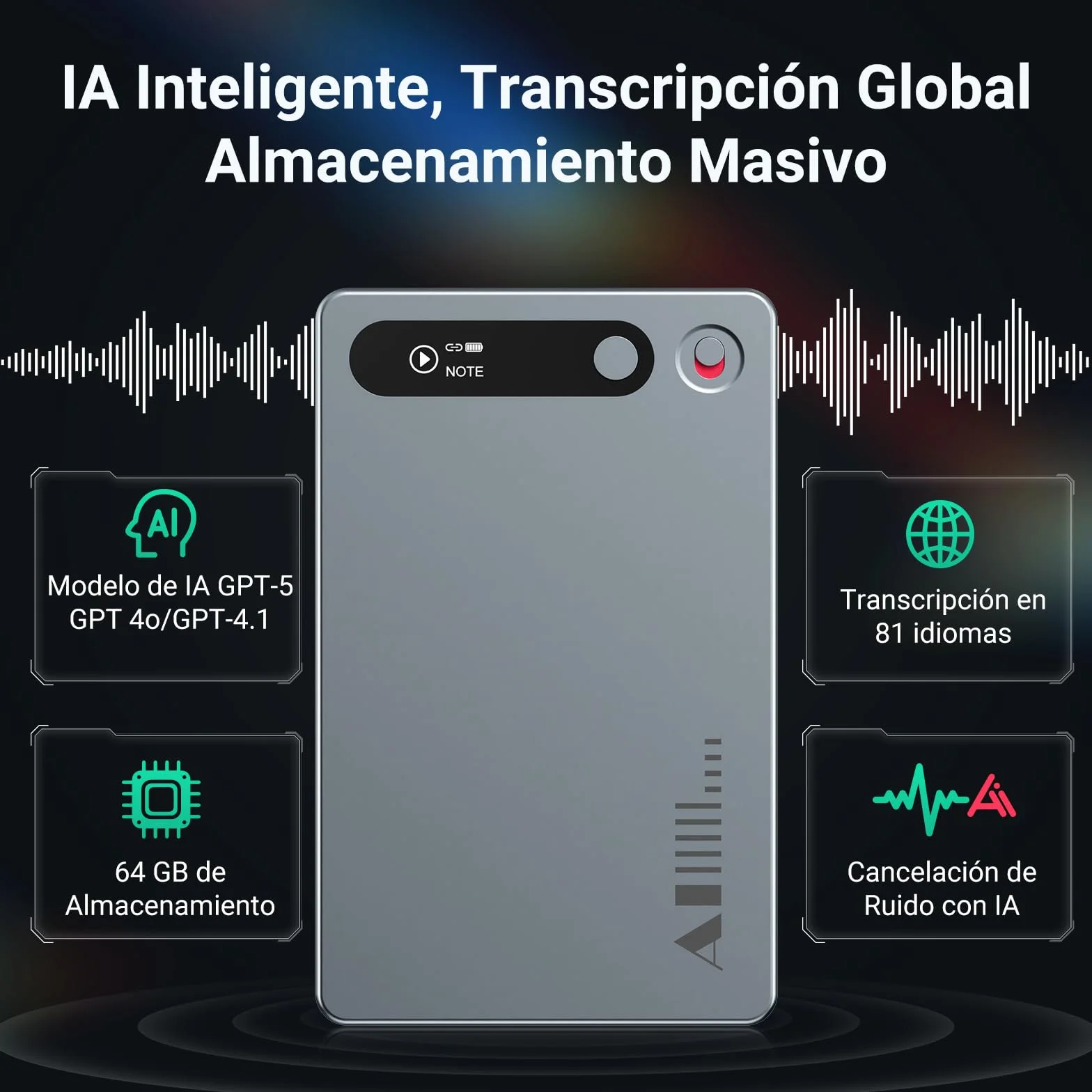 Grabadora de Voz IA 64GB Transcripción Inteligente 81 Idiomas Bluetooth 5.3