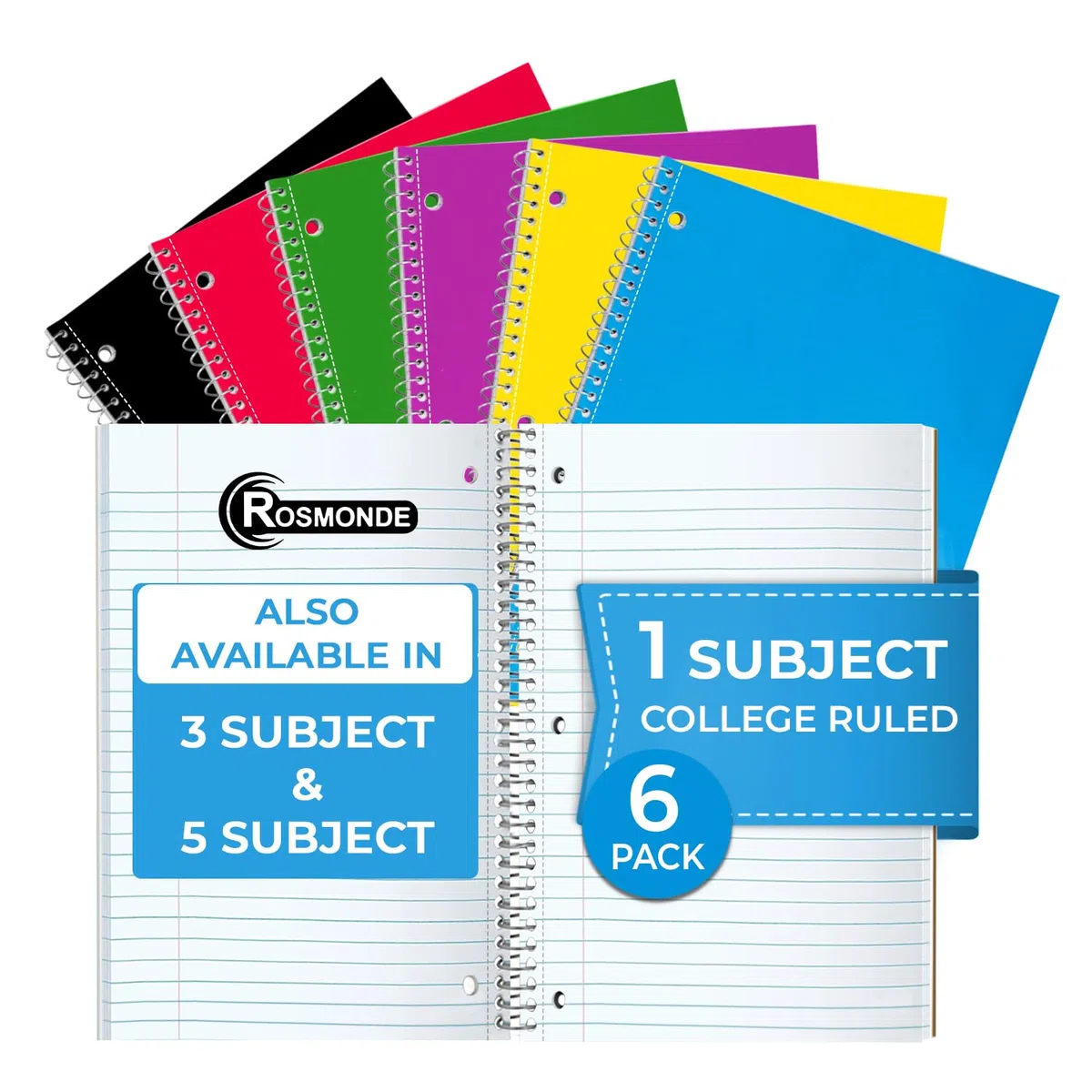 Rosmonde Cuaderno en espiral, paquete de 6, 1 materia, rayado universitario, 70 hojas, 8 x 10-1/2 pulgadas, 3 agujeros perforados, cuaderno en espiral a granel con rayas universitarias para la