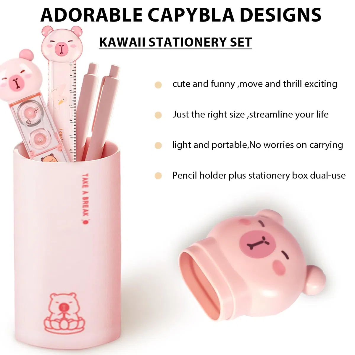 Capybara - Juego de papelería, bonitos suministros escolares, juego de regalo de papelería, regalos de cumpleaños japoneses, incluye sacapuntas, borrador, cinta correctora, regla, para suministros
