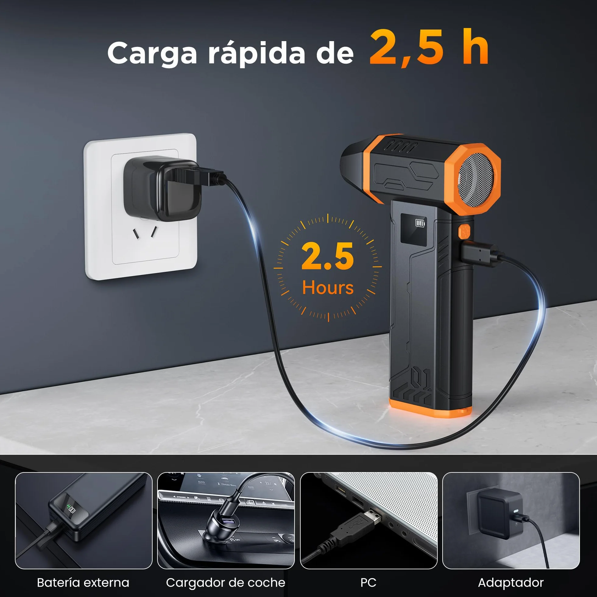 VIWAVE Soplador de Aire Potente,150000 U/min 3 Velocidades Aire Comprimido Limpieza PC,Soplador de Aire para PC con luz LED,Mini soplador Bateria de Larga duración para PC Teclado Laptop Coche