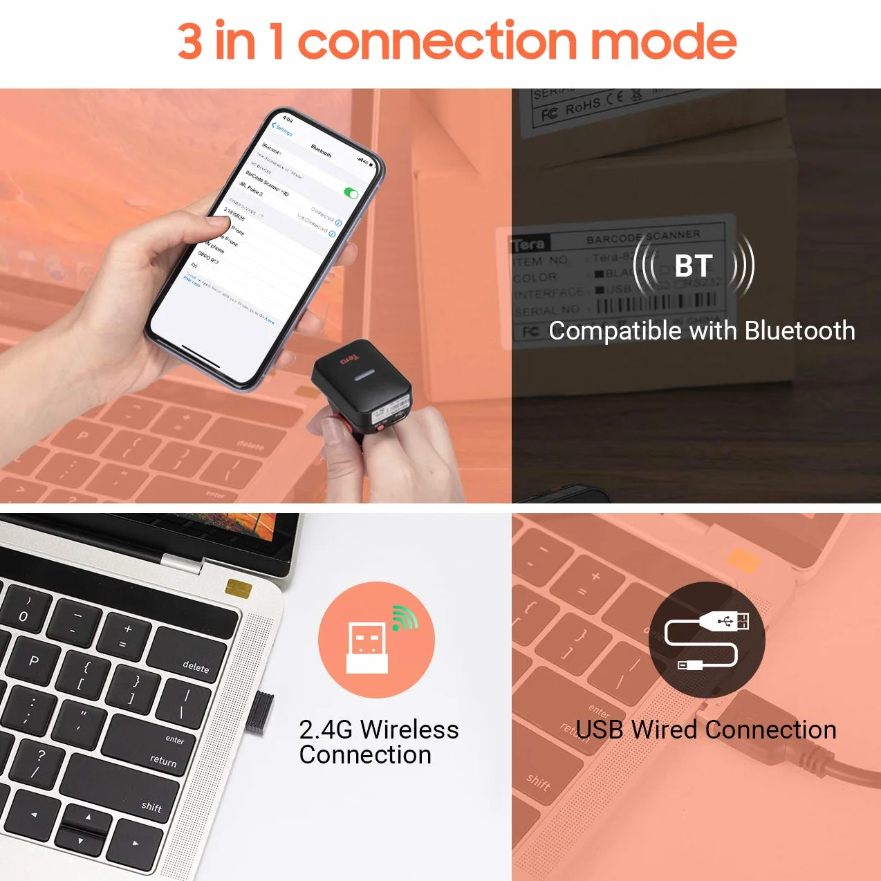 Tera Pro Series Mini 1MP CMOS Ring Lector de código de Barras Escáner de código QR 2D 1D Inalámbrico 2.4G y Bluetooth y USB 2.0 Cable portátil, HW0010