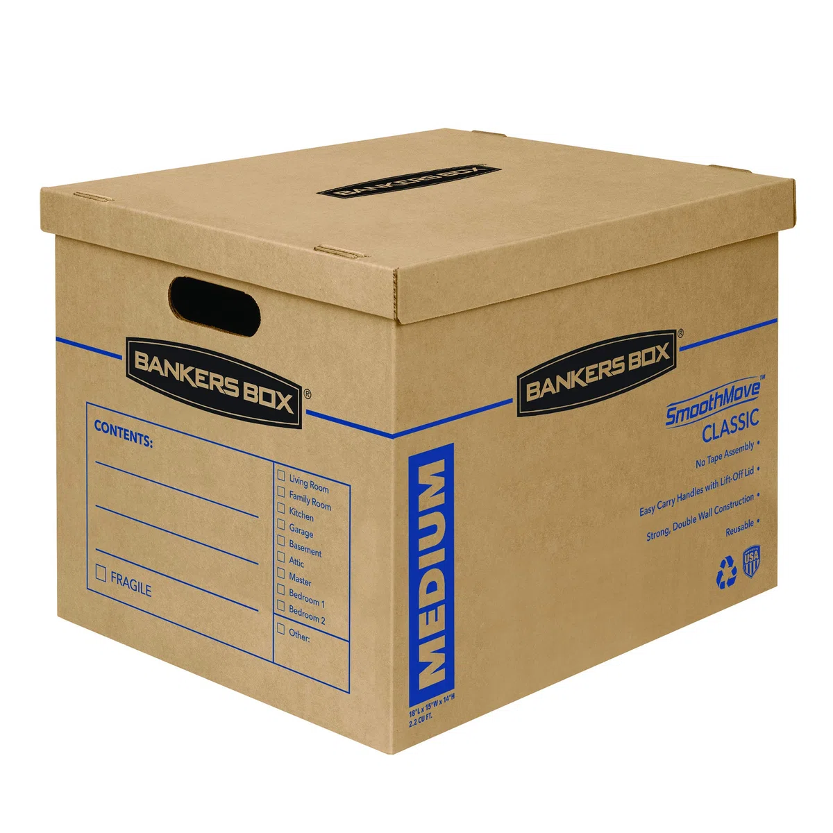 Bankers Box Caja de mudanza clásica mediana, paquete de 10, asas reforzadas, montaje sin cinta, caja con tapa, 19 x 14.5 x 15.5 pulgadas (8817201)
