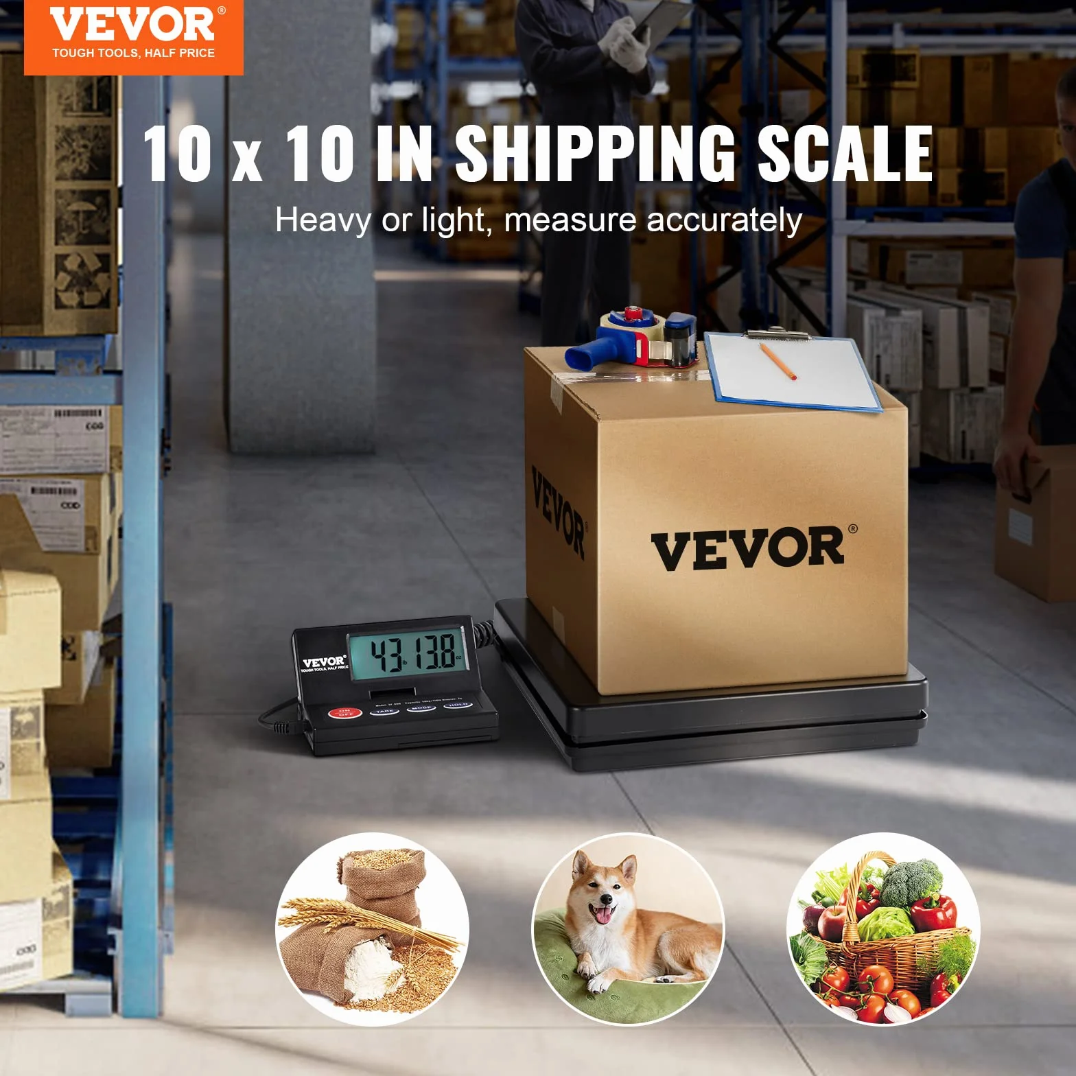 VEVOR Balanza Digital para Envíos 10g-50kg Báscula de Paquetes Precisión 2g Pantalla LCD Plegable 90° Alimentada por CA/CC Certificado FCC