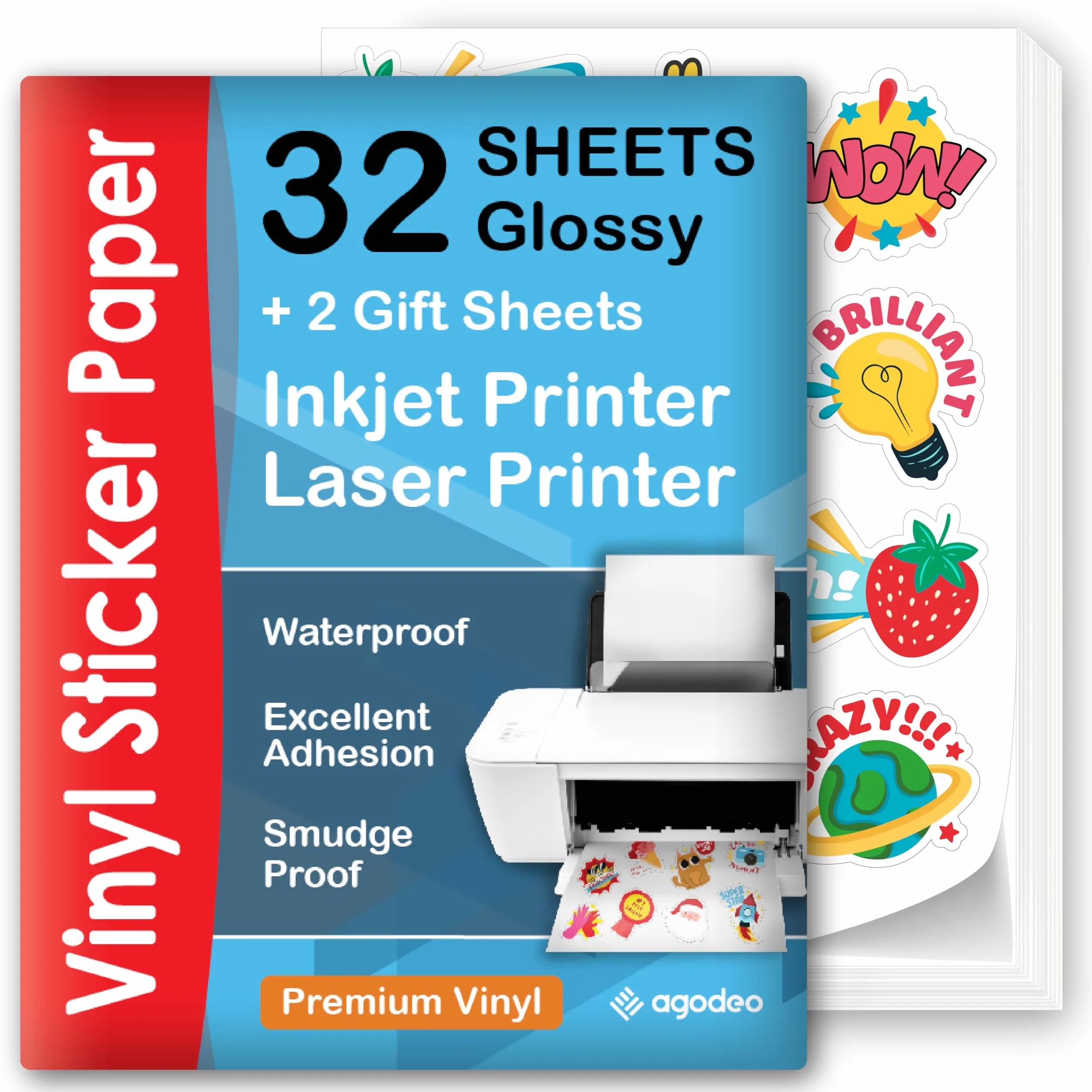 Papel de vinilo adhesivo imprimible de primera calidad - 32 hojas - Brillante A4 - Resistente al agua - Papel de vinilo adhesivo para láser e inyección de tinta - Papel adhesivo imprimible