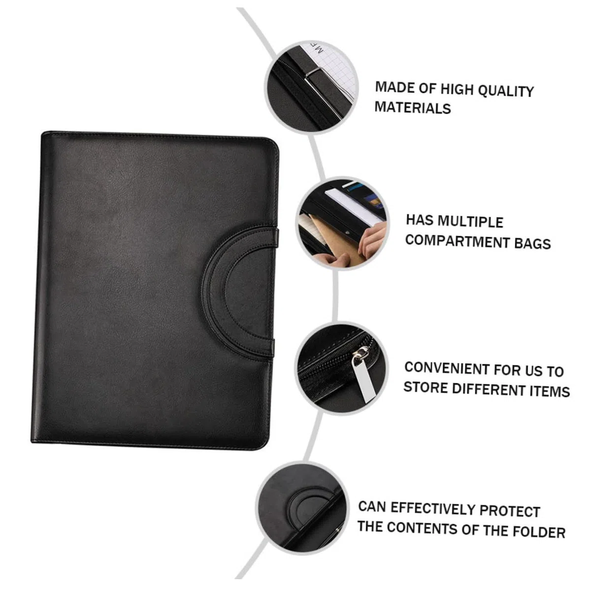Carpeta de Negocios A4 con Cremallera, Pu Negro Elegante | Incluye Cuaderno A4, Varios Compartimentos, Formato Portátil y Acabado de Cuero Sintético