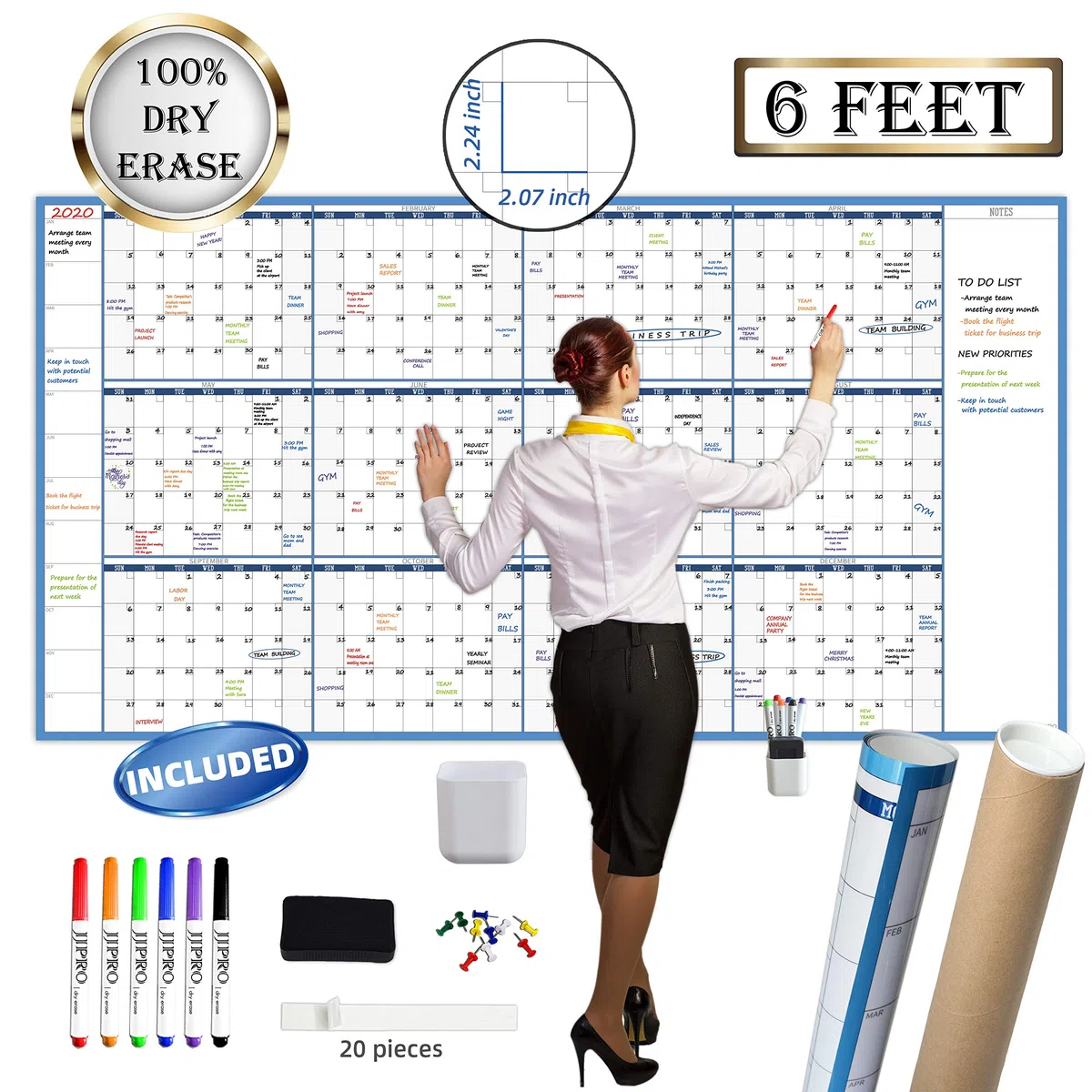 Calendario de pared grande de borrado en seco, 38 x 72 pulgadas, calendario anual reutilizable 2024 sin fecha, póster anual gigante de pizarra blanca, calendario de oficina laminado jumbo de 12 meses