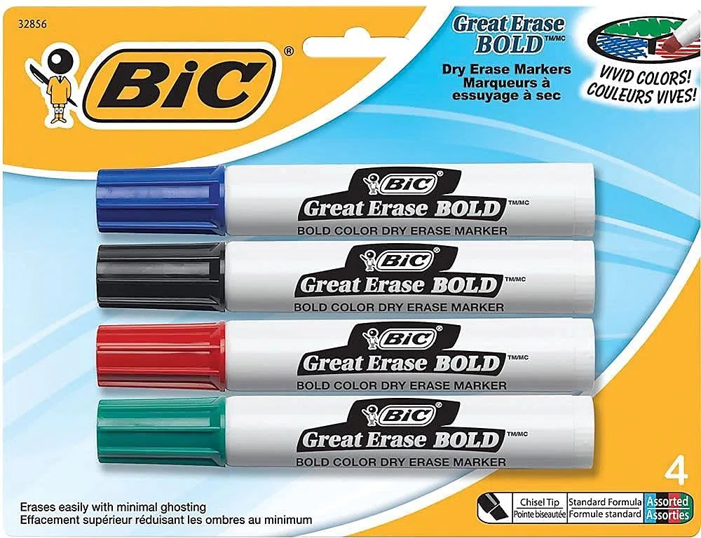 Bic Ink - Rotuladores de Punta de cincel de borrado en seco – Azul, Negro, Rojo y Verde