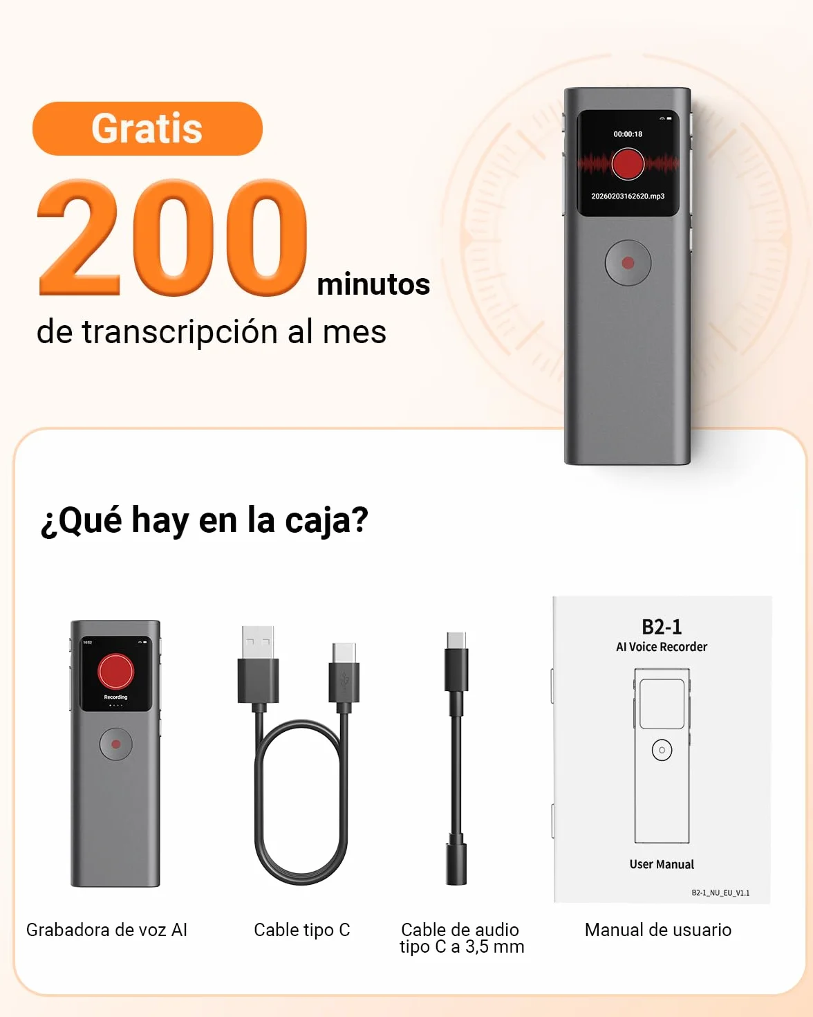 Grabadora de Voz IA 64 GB con Transcribe y Resume, Activada por Voz, Control de App, Reducción de Ruido Automática