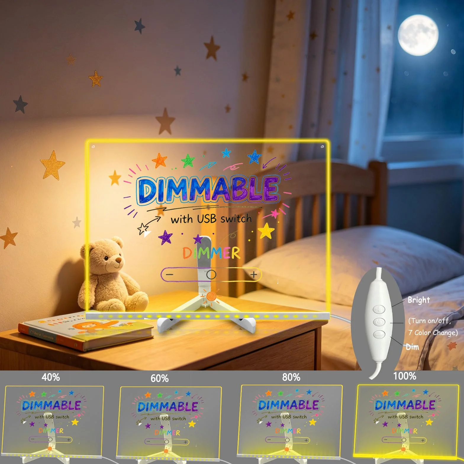 Tablero de mensajes acrílico transparente para escritura a mano, 11.81 x 7.95 pulgadas, 7 colores cambiantes, luz nocturna con control remoto, USB, pizarra blanca brillante con soporte plegable