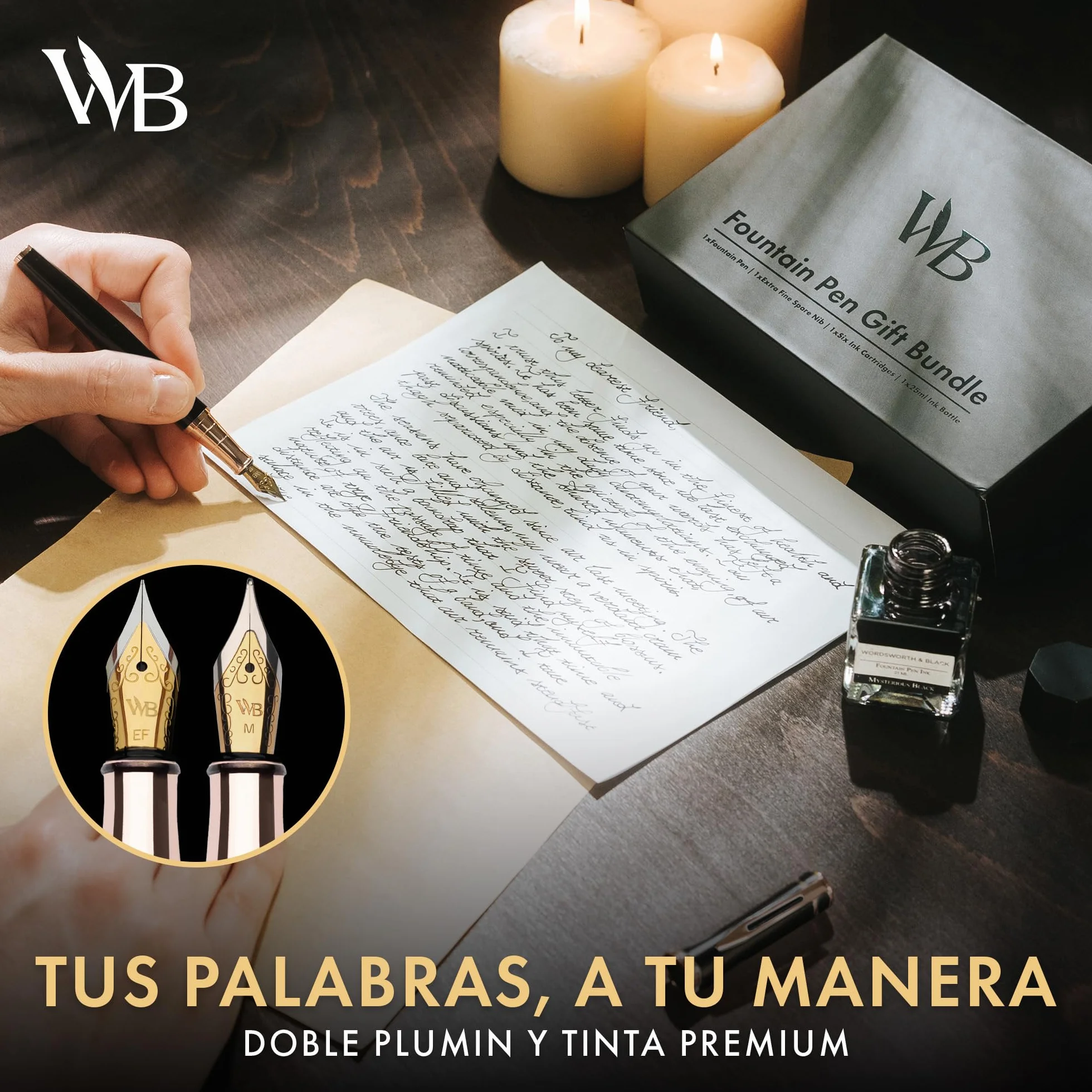 Wordsworth & Black Juego de pluma estilográfica, plumines medio y extrafino chapados en oro de 18K,botella negra de 25ML,6 cartuchos de tinta,convertidor de recarga,escritura suave [Negro y Oro Rosa]