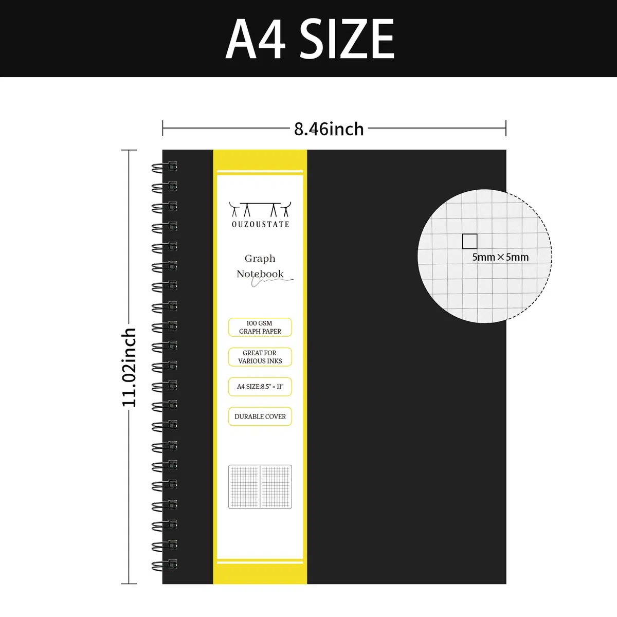 Ouzoustate Cuaderno de papel gráfico en espiral, diario de cuadrícula A4 de 8.5 x 11 pulgadas, paquete de 4 cuadernos grandes de 160 páginas de papel grueso de 3.53 oz/m² de tapa dura para tomar