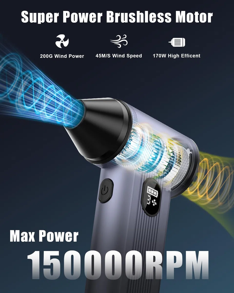 Plumero de aire comprimido inalámbrico con luz LED, batería de 8000 mAh, motor sin escobillas, soplador de aire eléctrico ajustable de 4 engranajes para el hogar, coche, computadora, al aire libre