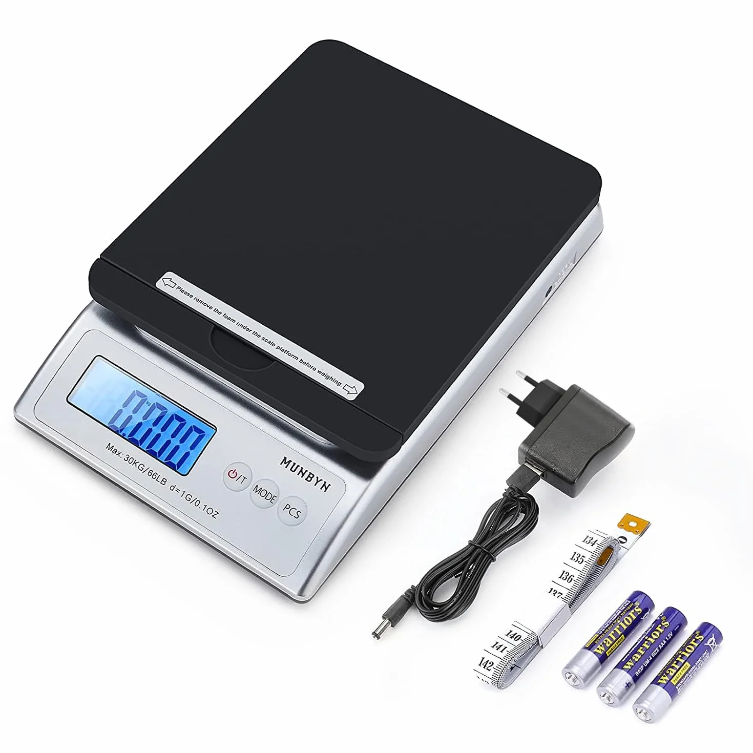 MUNBYN Báscula Postal Digital para Envío, 66 LB x 0,1 oz con Adaptador de EU, 1,5 V x 3 AAA y Cinta Métrica Suave-Negro