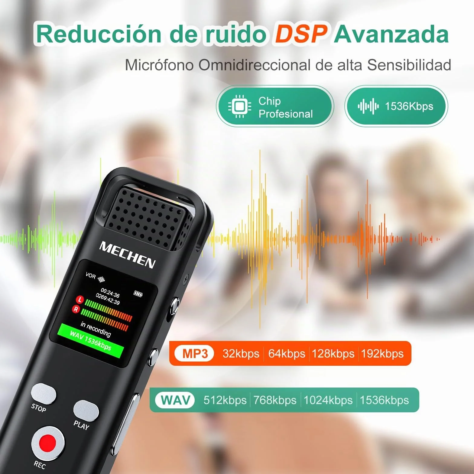 MECHEN 64GB Grabadora de Voz Digital 1536 kbps con Reducción de Ruido V02