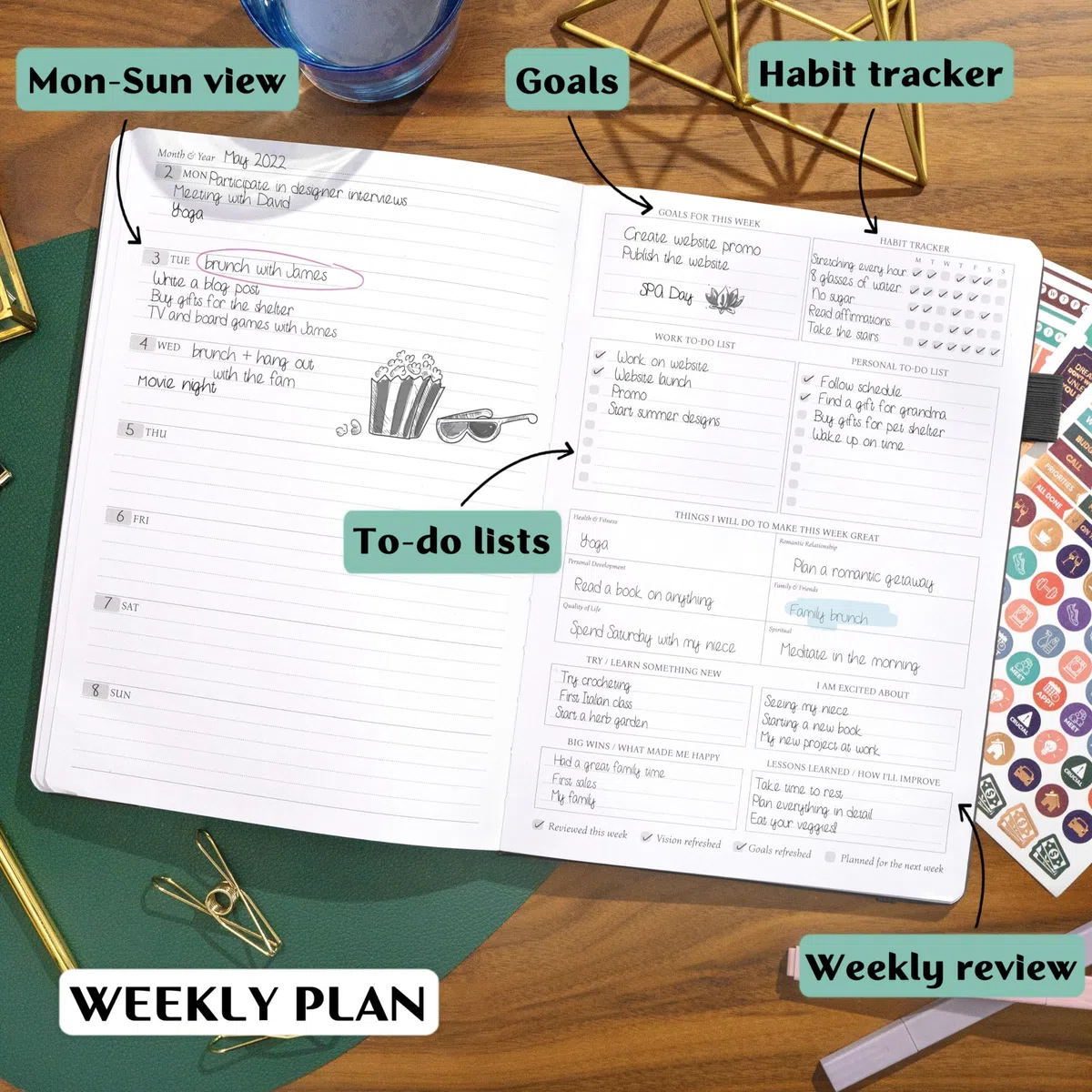 Legend Planner PRO - Agenda semanal y mensual de lujo para aumentar la productividad y alcanzar tus objetivos. Cuaderno organizador de gestión del tiempo, sin fecha, 18 x 25,5 cm, tapa dura +