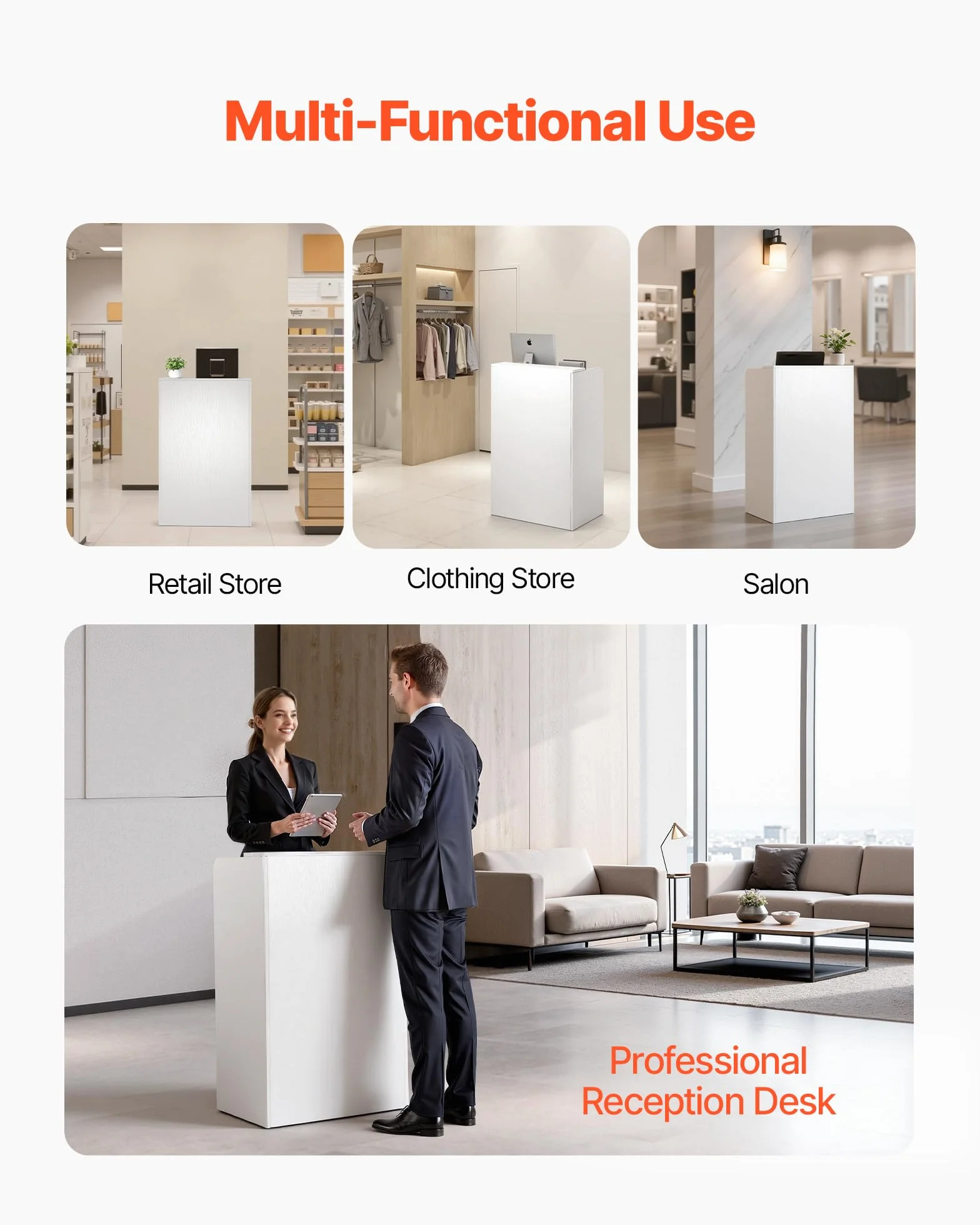 VEVOR Mostrador de Recepción 60 x 40 x 96 cm, Mesa de Recepción Material de Tablero de Partículas con 1 Cajón, Mostrador de Recepcionista para Caja, Vestíbulo, Salón de Belleza, Oficina, Blanco