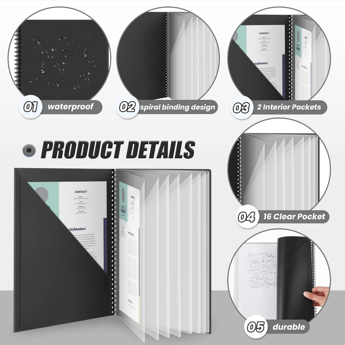 Qilery Carpetas de 8 piezas con bolsillos en espiral, 10 bolsillos, organizador de carpetas con 8 bolsillos transparentes, carpeta de documentos, carpeta negra con fundas de plástico para escuela,