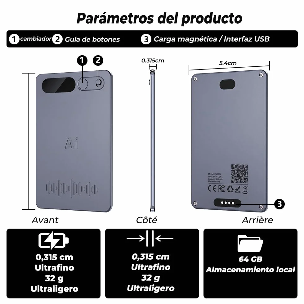 Grabadora de Voz Espía con Estuche Negro, Transcripción y Resumen IA, Soporte Multilingüe, App, 64 GB