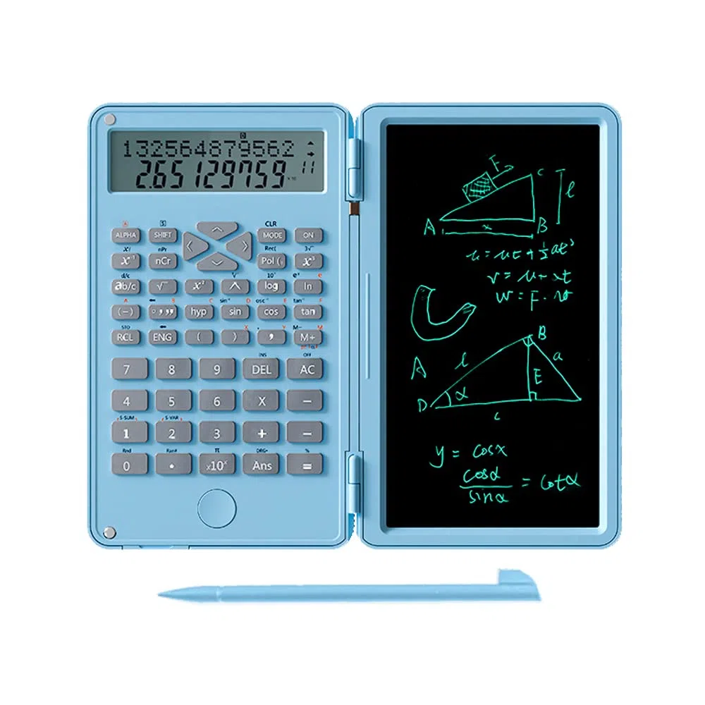 Calculadora científica con tableta de escritura, calculadora profesional plegable de bolsillo, calculadora estándar con bloc de escritura LCD borrable para oficina, hogar, escuela, negocios (azul)