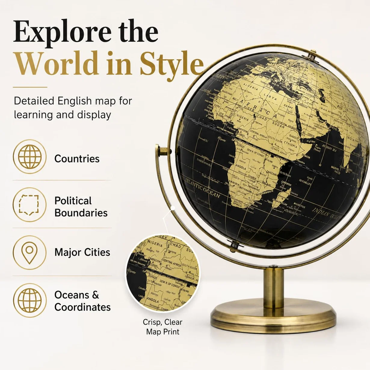 EXERZ Globo de 20 cm, color negro y dorado, rotación de 360 grados en todas las direcciones, World Globe Educational Geographic, arco y base de bronce, mapa inglés.
