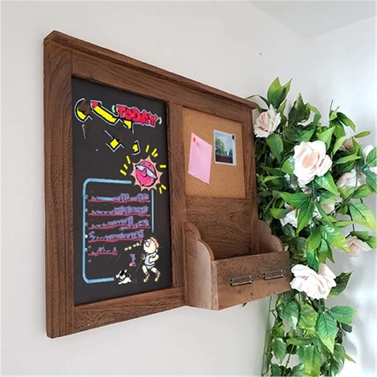 Pizarras decorativas Retro marco de madera pizarra colgante creativo colgante negro con caja de almacenamiento Retro Home Shop Decoration Chalk Tablero de escritura for Pub o Café Menú de la par