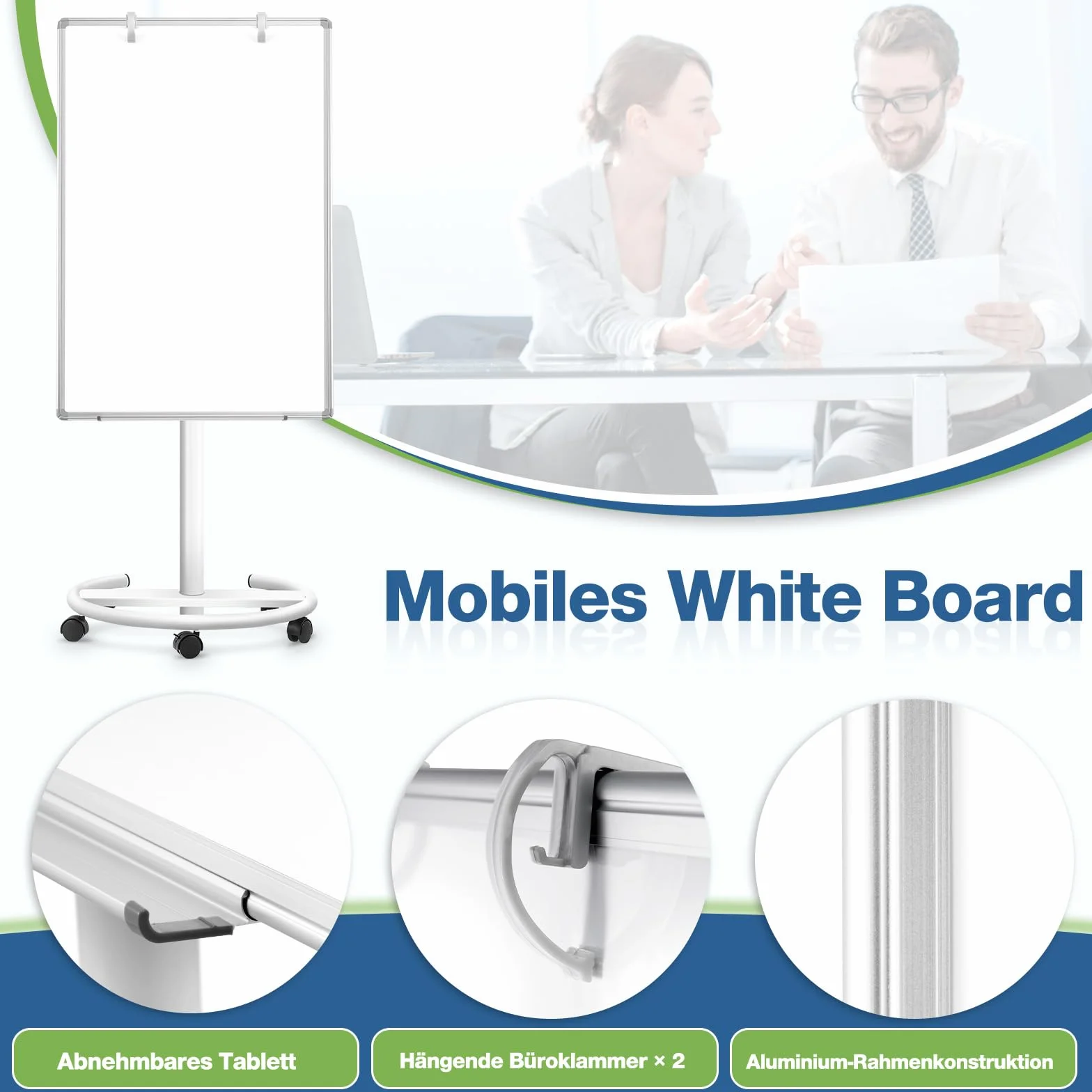 Pizarra blanca móvil, 60 x 90 cm Pizarra blanca magnética con soporte, pizarra flipchart ajustable en altura, pizarra blanca de pie de borrado en seco para oficina, enseñanza