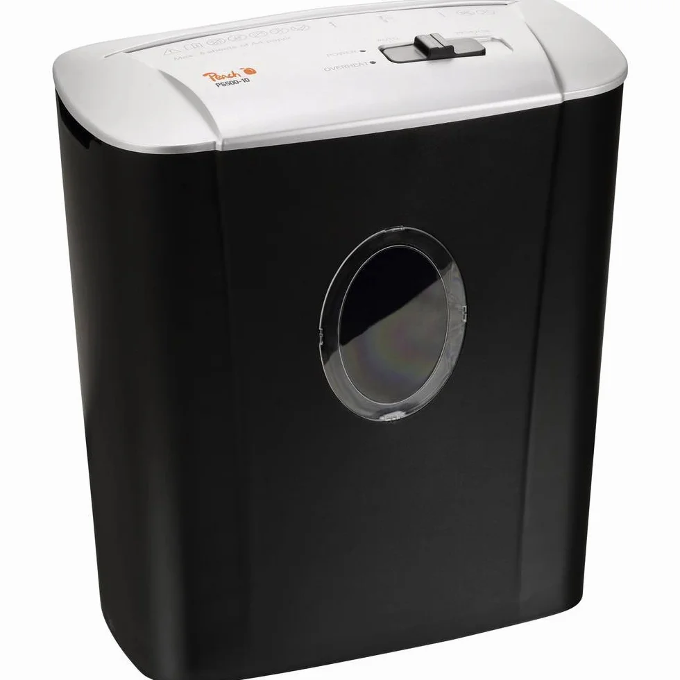 Peach PS500 – 10 Microcorte maletín vernichter| 5 hojas, 11 litros, 4 x 26 mm tamaño de las partículas (P de 4), papel, grapas y tarjetas de crédito
