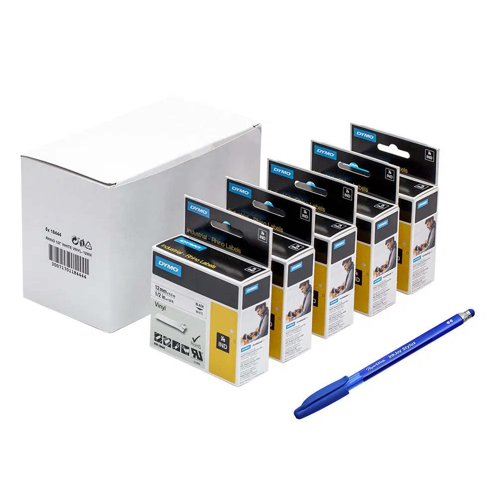 5?X Dymo 18444?Rhino industriel, autocollants, ?tiquettes en vinyle???Rouleau de 12?mm x 5.5?m, impression noir sur blanc + PAPERMATE Stylo Cadeau
