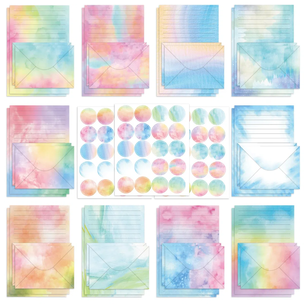 Juego de 160 piezas de papel y sobres de acuarela en 10 diseños diferentes, 50 papeles de escritura forrados de papelería de una cara con 50 sobres a juego y 60 calcomanías de puntos para escribir