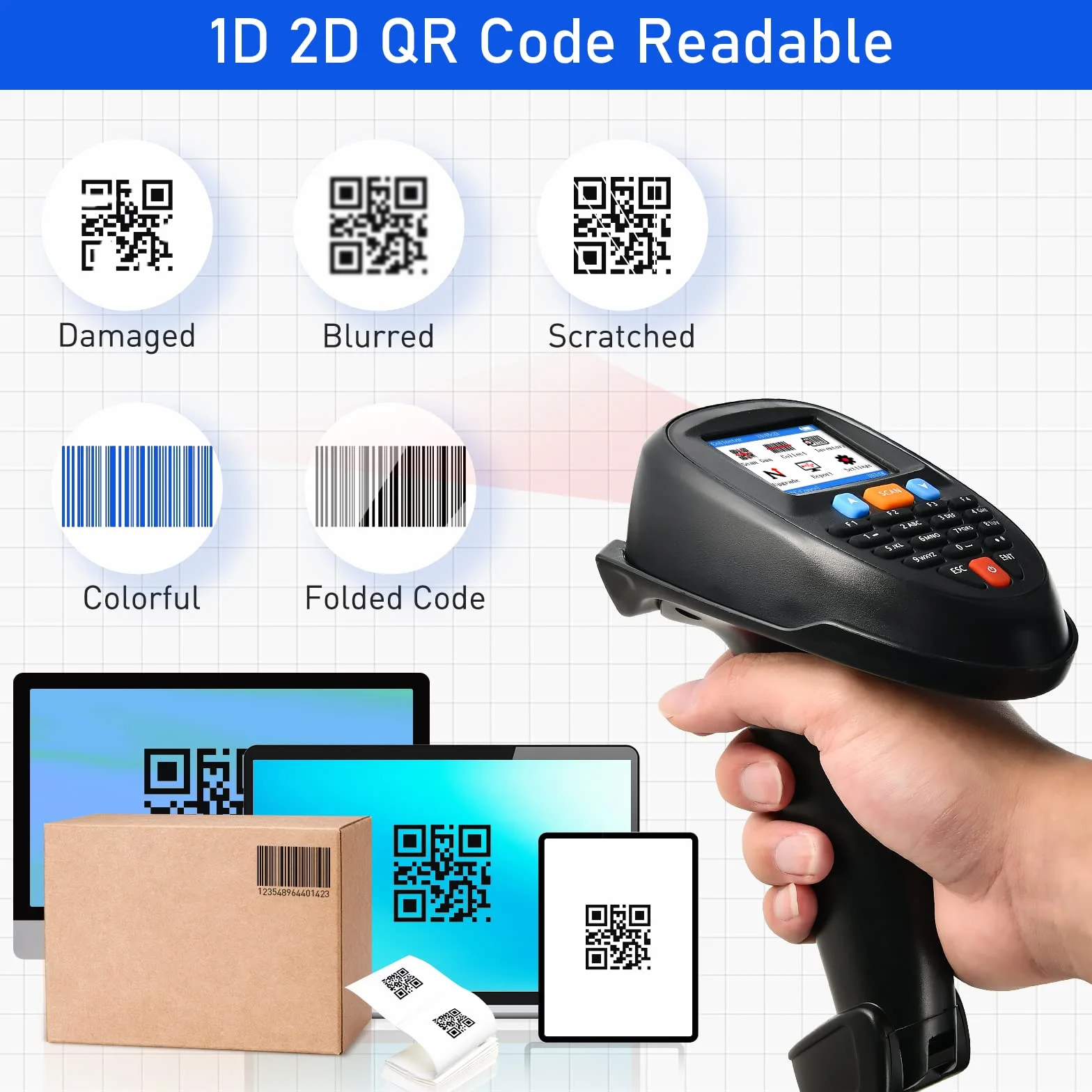 Escáner de códigos de barras inalámbrico, lector de códigos de barras portátil, 1D, 2D, PDF, escáner de inventario, colector de datos, escáner de códigos de barras portátil con pantalla LCD de