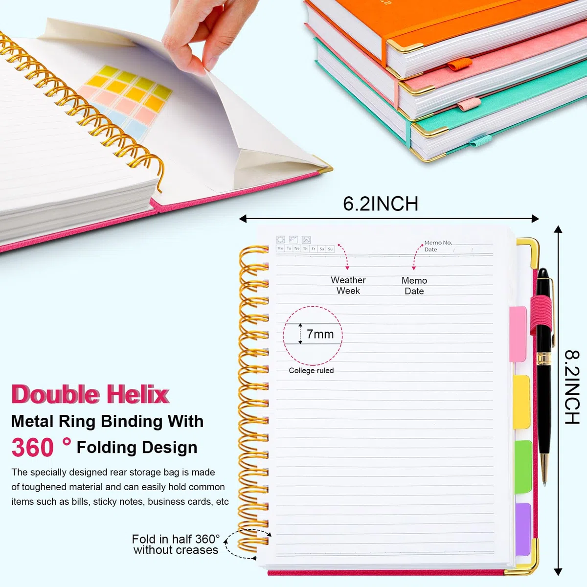 Cuaderno en espiral de tapa dura de 6.2 x 8.2 pulgadas, con pestañas y separadores extraíbles, 300 páginas, cuaderno de 5 asignaturas, cuaderno de rayas universitarias, cuaderno de piel sintética con